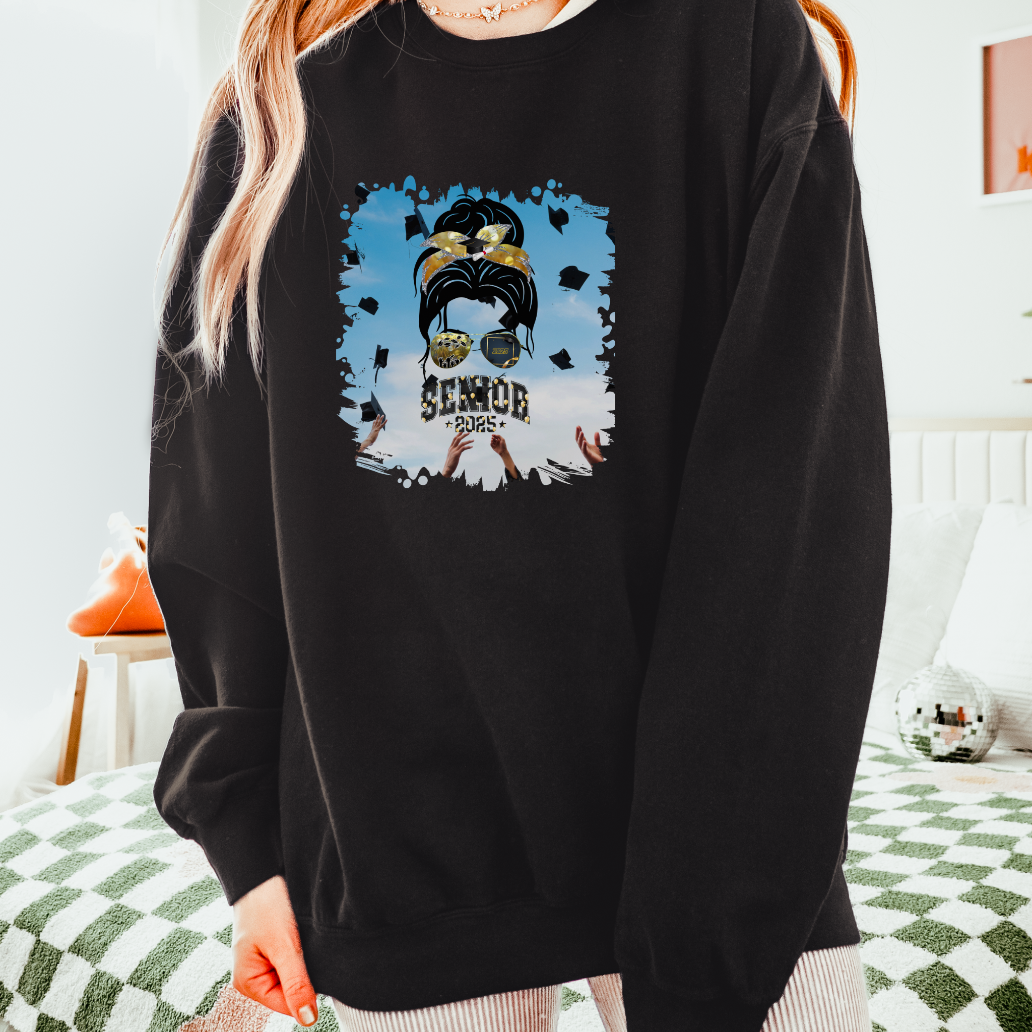 Senior 2025 Balloons, Celebration, Dark Hair Messy Bun, Unisex Lightweight Crewneck Sweatshirt