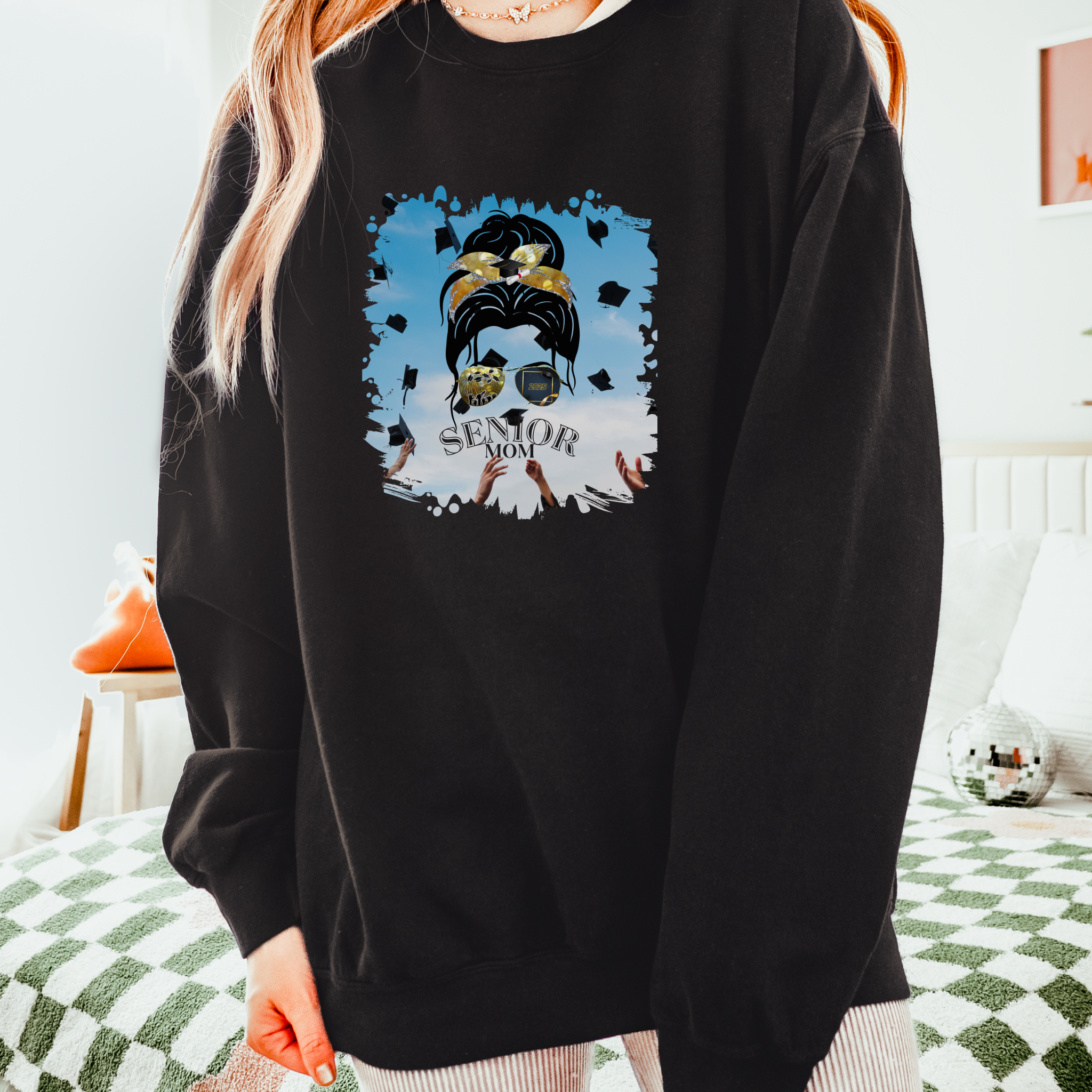 Senior Mom, Celebration, Dark Hair Messy Bun, Unisex Lightweight Crewneck Sweatshirt