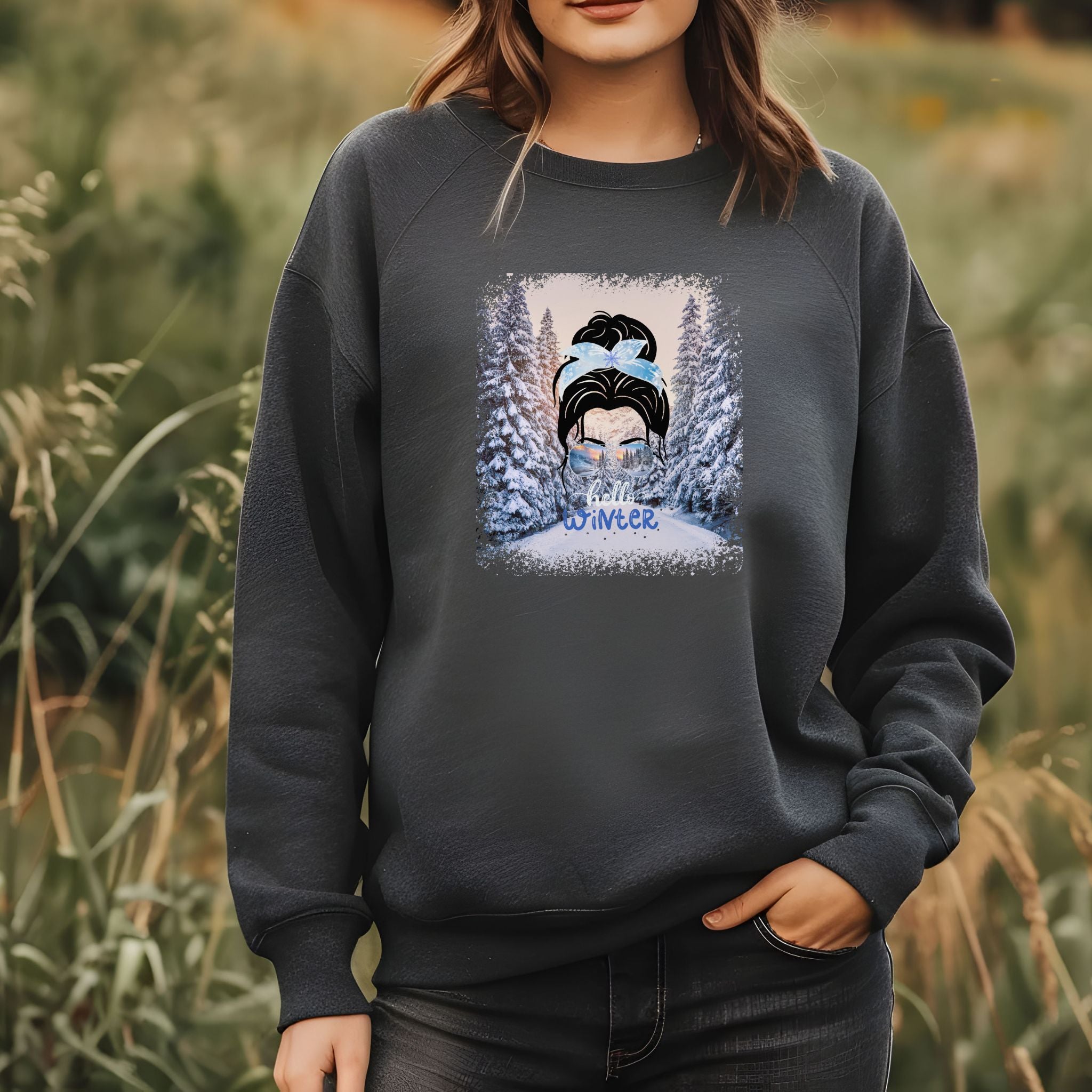 Hello Winter, Winter Trail, Dark Hair Messy Bun, Unisex Heavy Blend™ Crewneck Sweatshirt