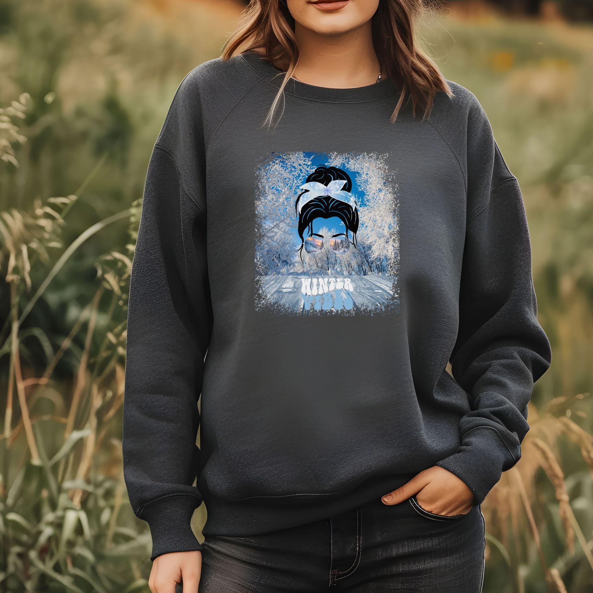Winter Vibes Winter Porch, Dark Hair Messy Bun, Unisex Heavy Blend™ Crewneck Sweatshirt