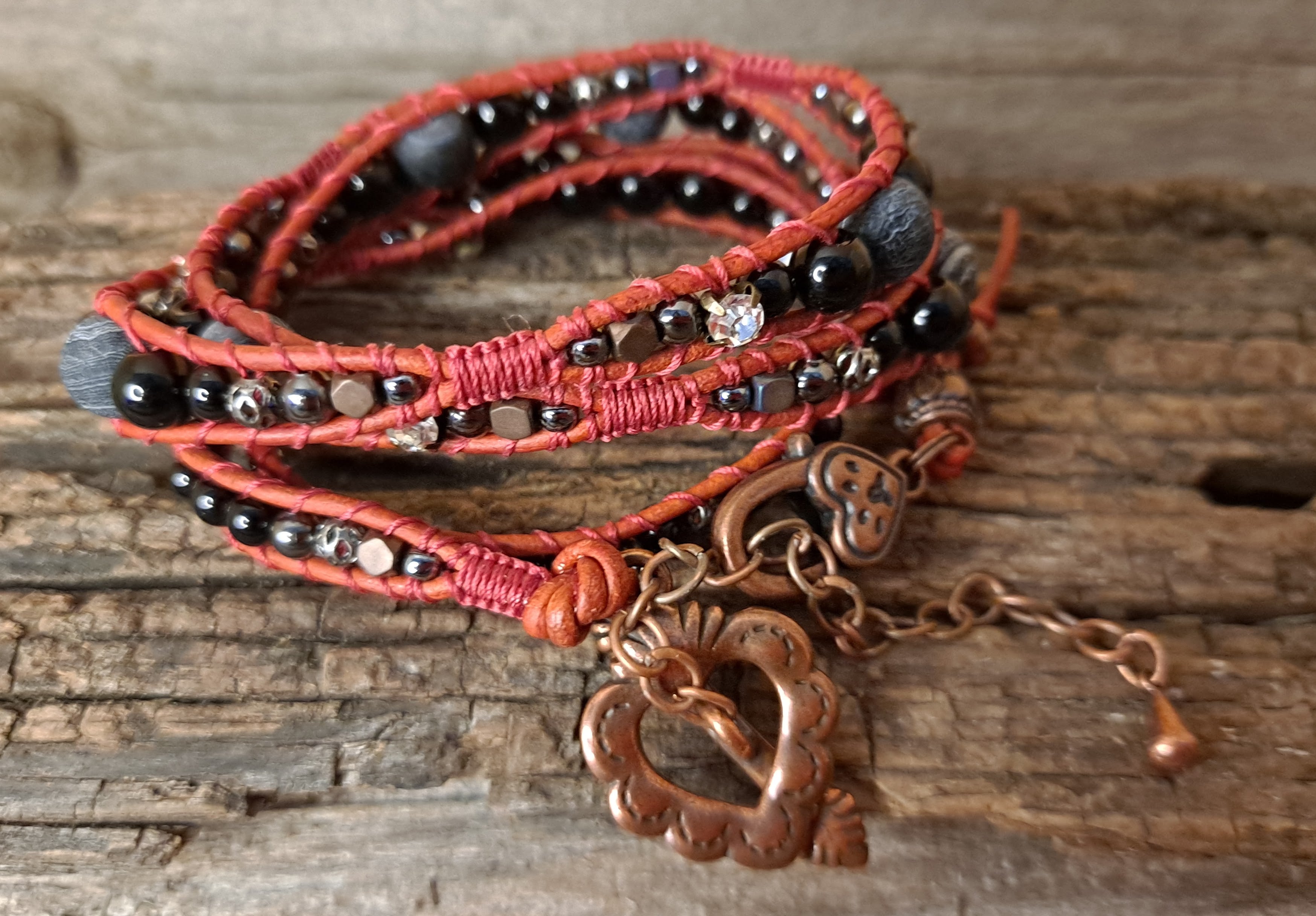 Bracelet Handmade, 4-Wrap Leather Bracelet, Onyx, Jasper, & Stone Beads (E07)