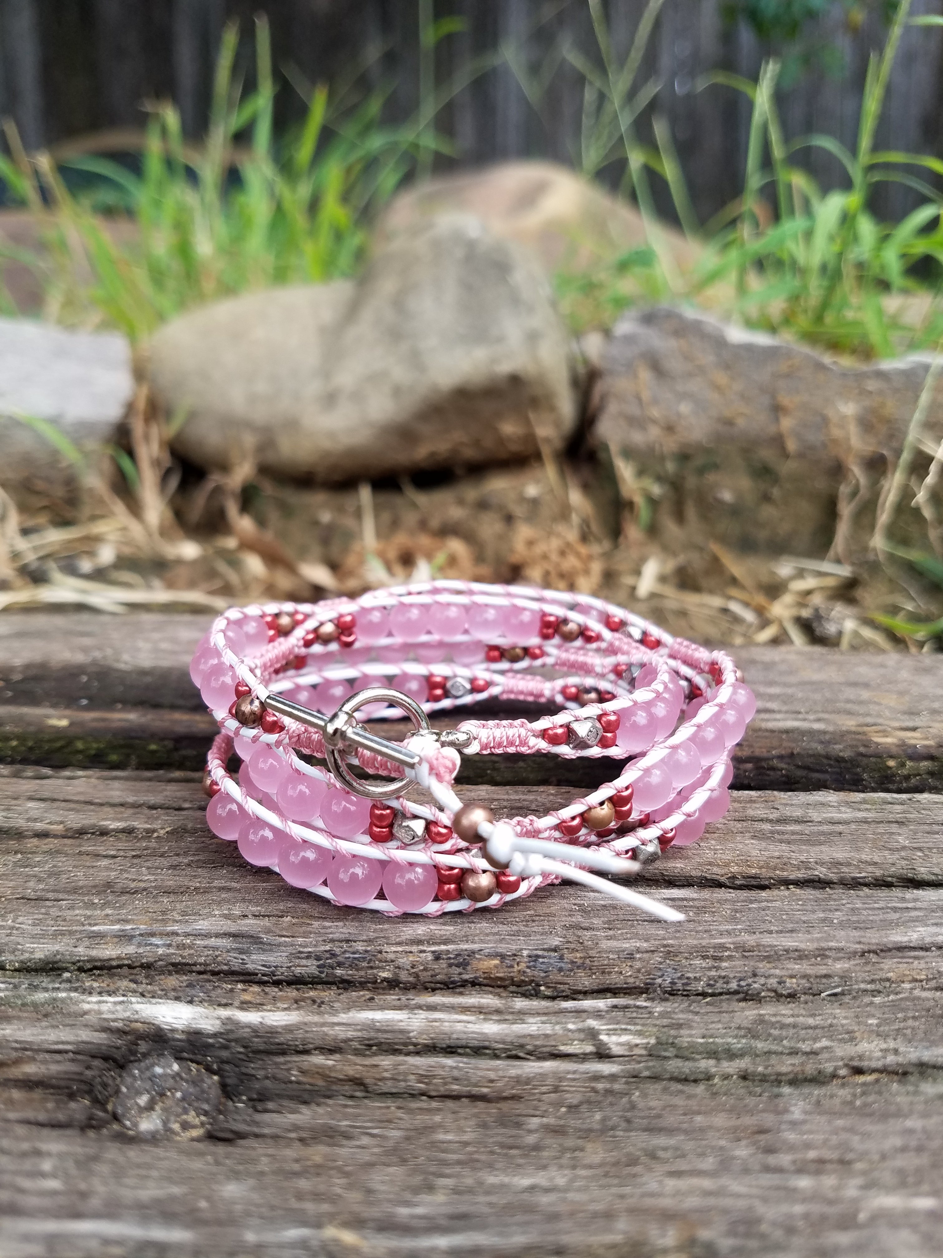 Bracelet Handmade, 4-Wrap Leather Bracelet, Glass Beads (G27)