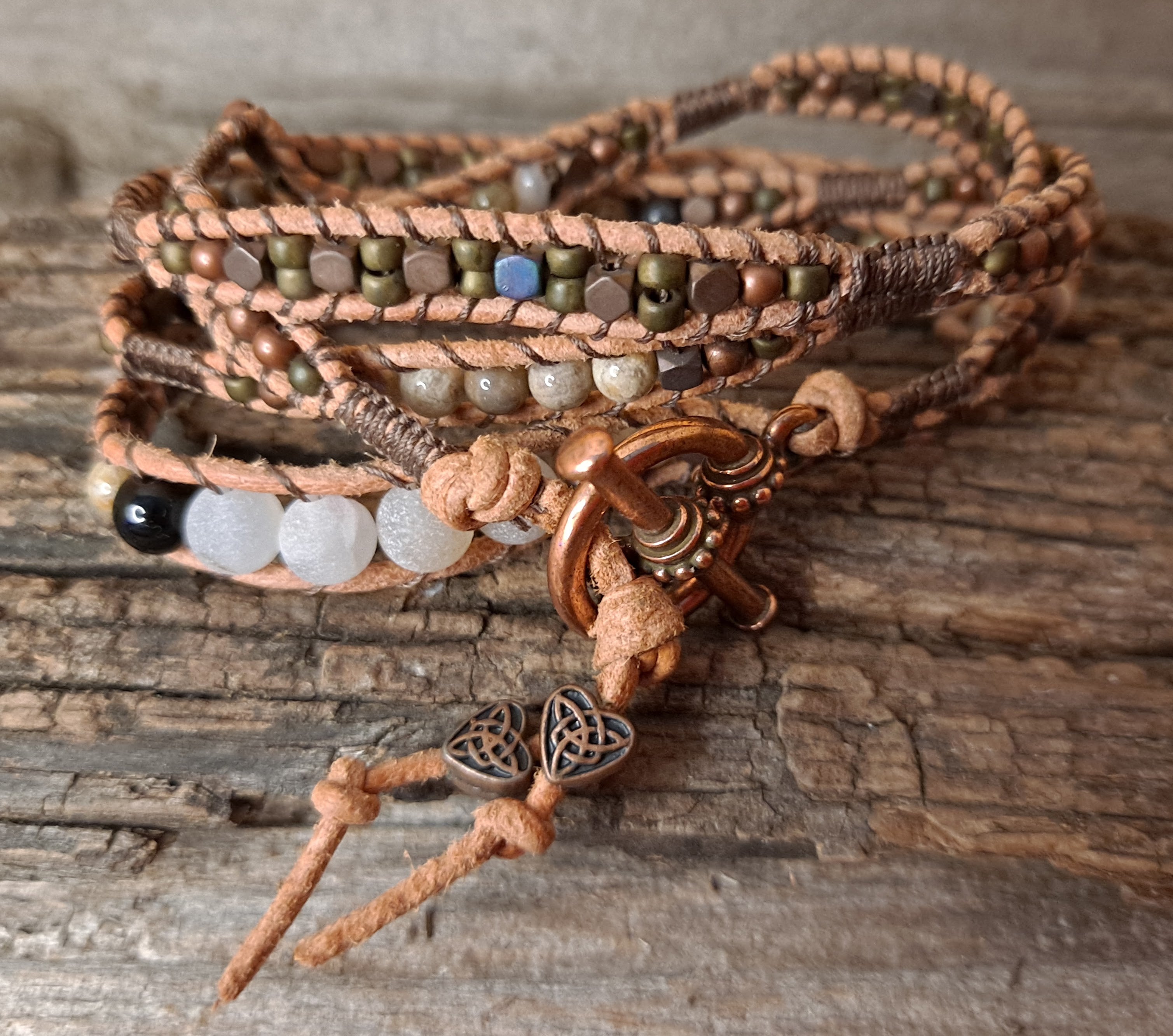 Bracelet Handmade, 4-Wrap Leather Bracelet, Agate, Jade, & Rhyolite Beads (H02)