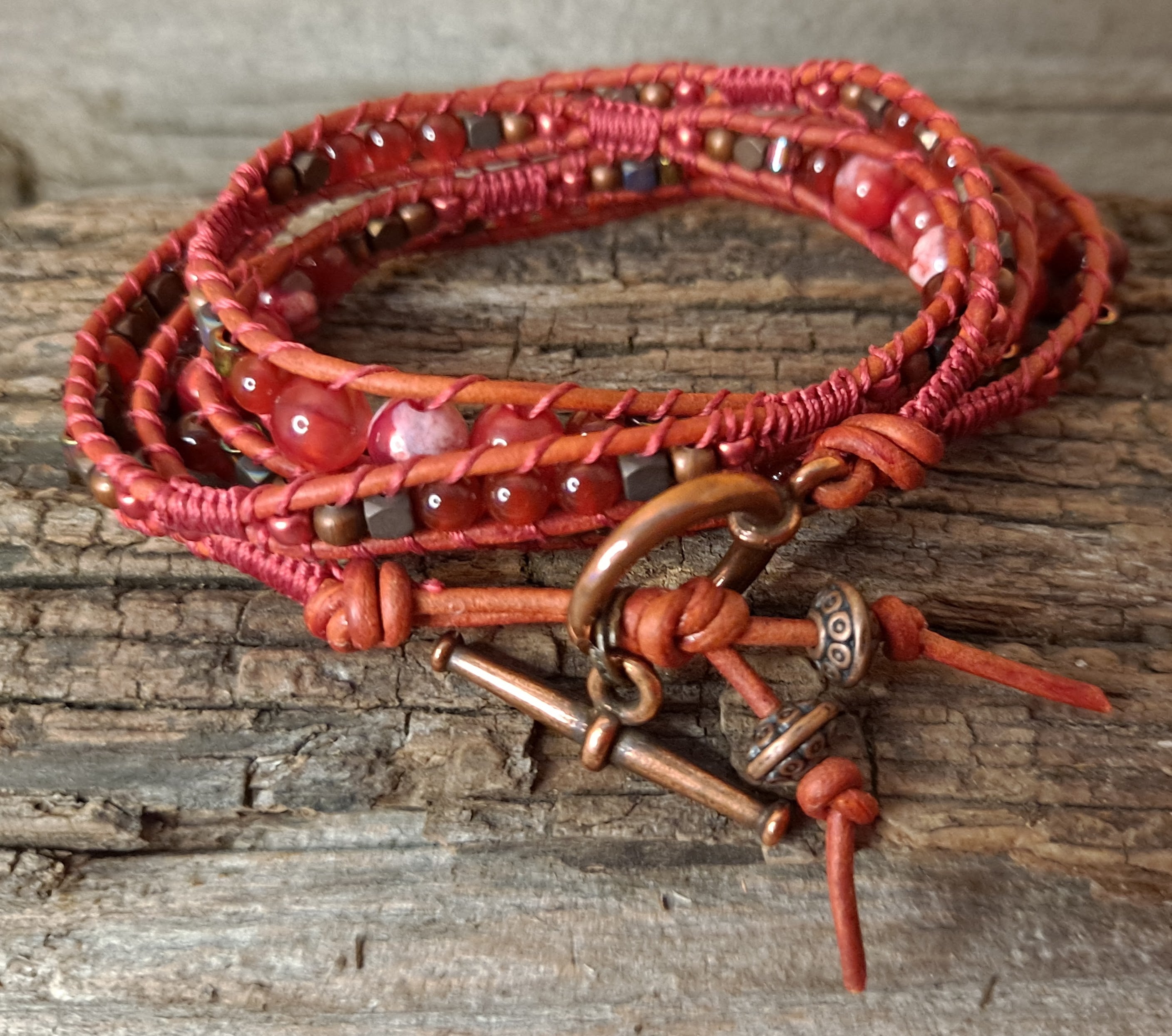Bracelet Handmade, 4-Wrap Leather Bracelet, Carnelian Beads (H04)