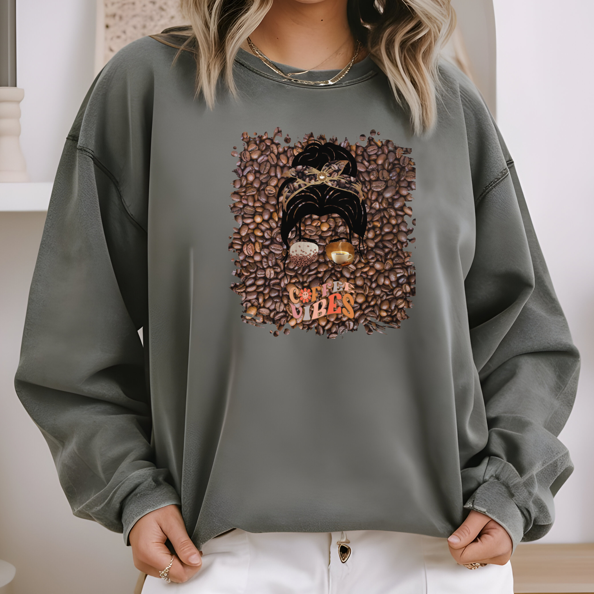 Coffee Vibes, Coffee Beans, Dark Hair Messy Bun, Unisex Lightweight Crewneck Sweatshirt