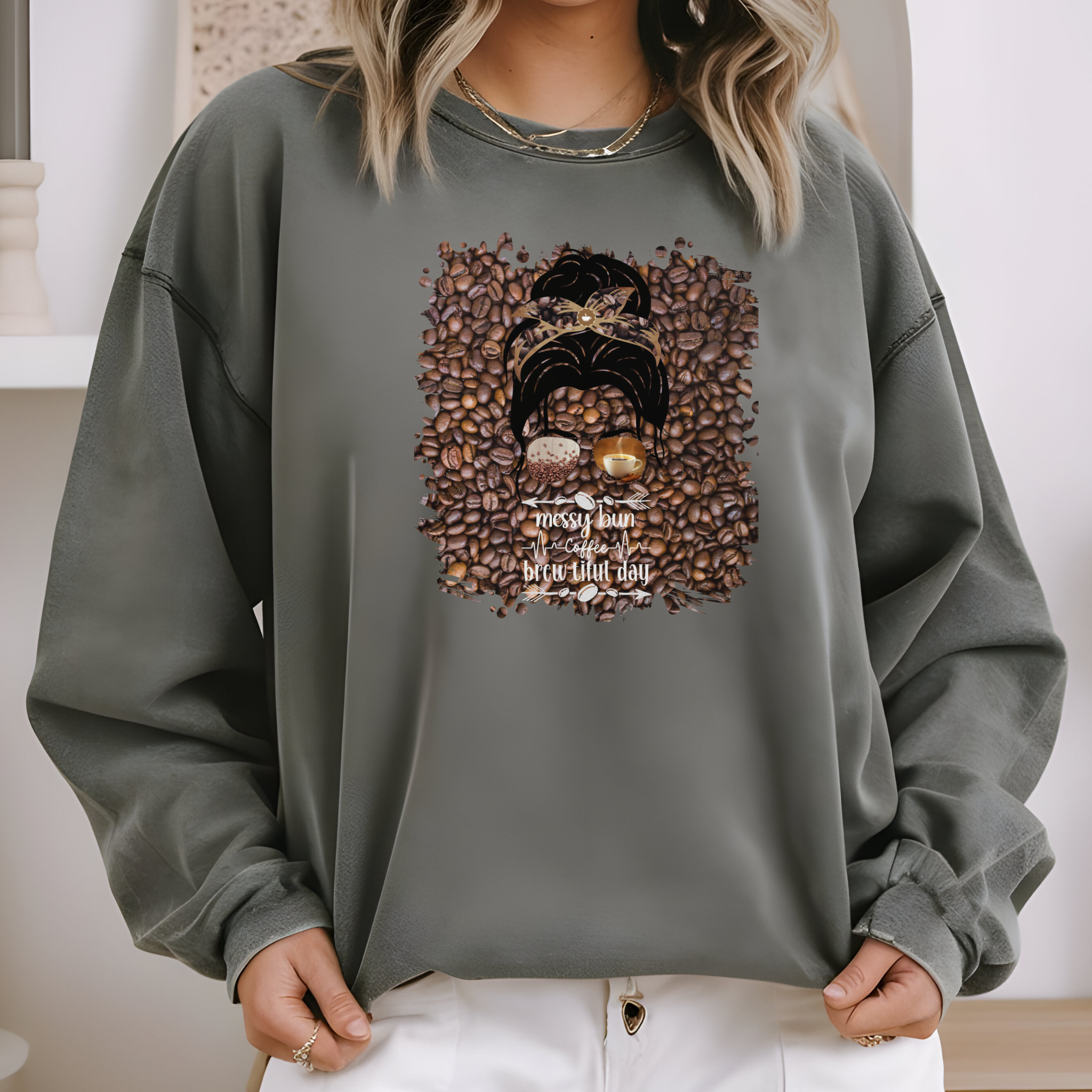 Coffee Heartbeat, Coffee Beans, Dark Hair Messy Bun, Unisex Lightweight Crewneck Sweatshirt