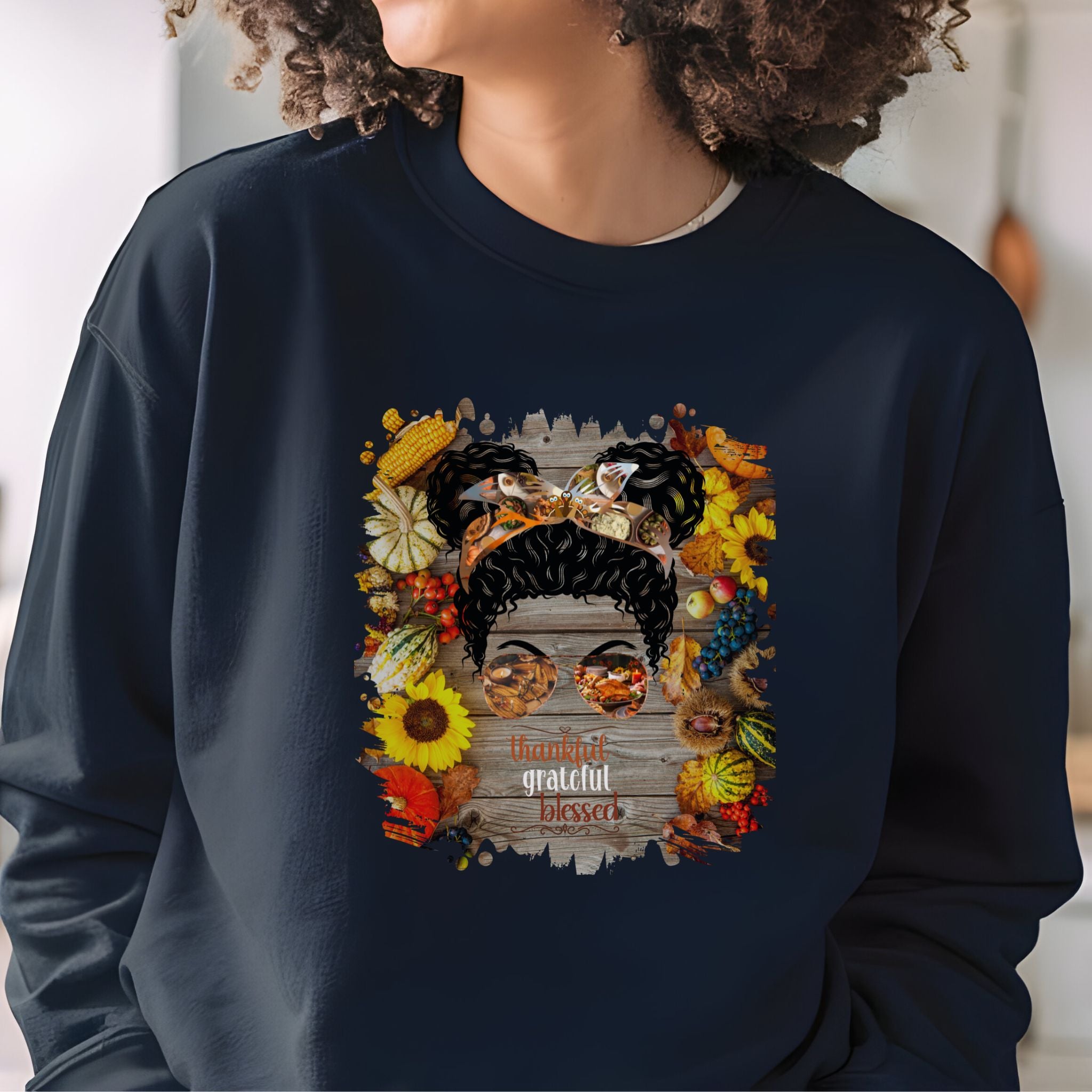 Thankful Grateful Blessed Decorated Background, Black Hair Messy Bun, Unisex Heavy Blend™ Crewneck Sweatshirt