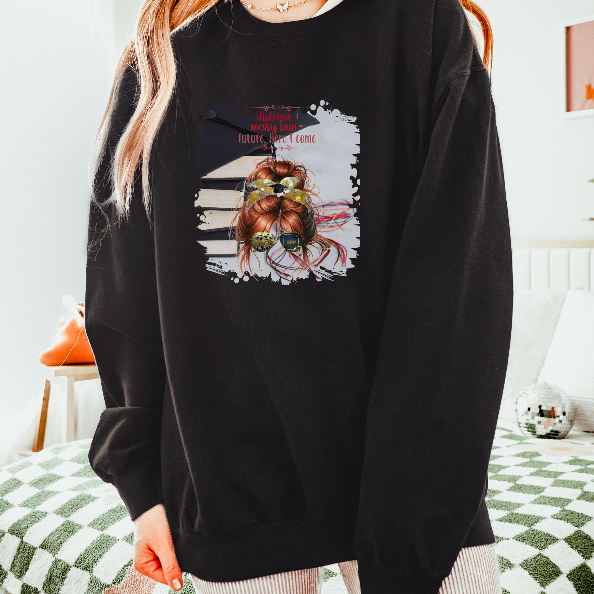 Diploma + Messy Bun, Cap & Books, Red Hair Messy Bun, Unisex Lightweight Crewneck Sweatshirt