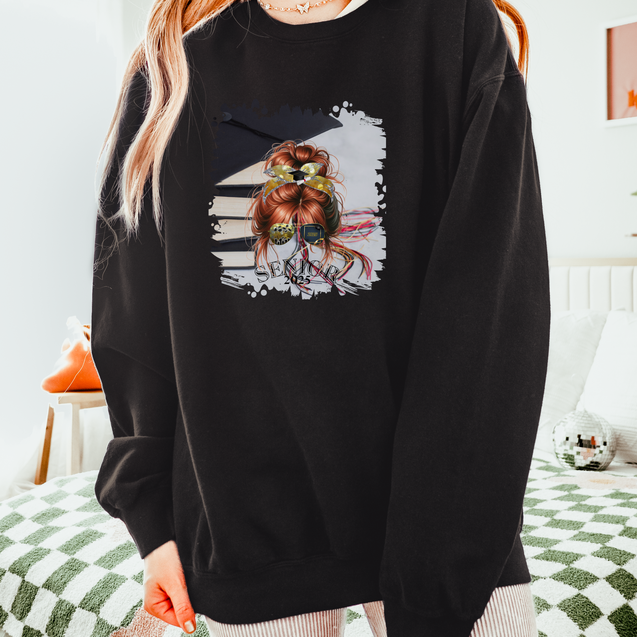 Senior 2025, Cap & Books, Red Hair Messy Bun, Unisex Lightweight Crewneck Sweatshirt