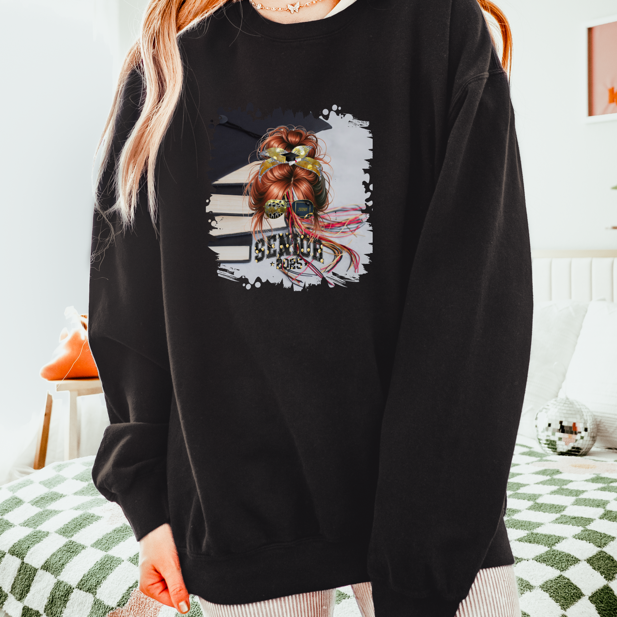 Senior 2025 Balloons, Cap & Books, Red Hair Messy Bun, Unisex Lightweight Crewneck Sweatshirt