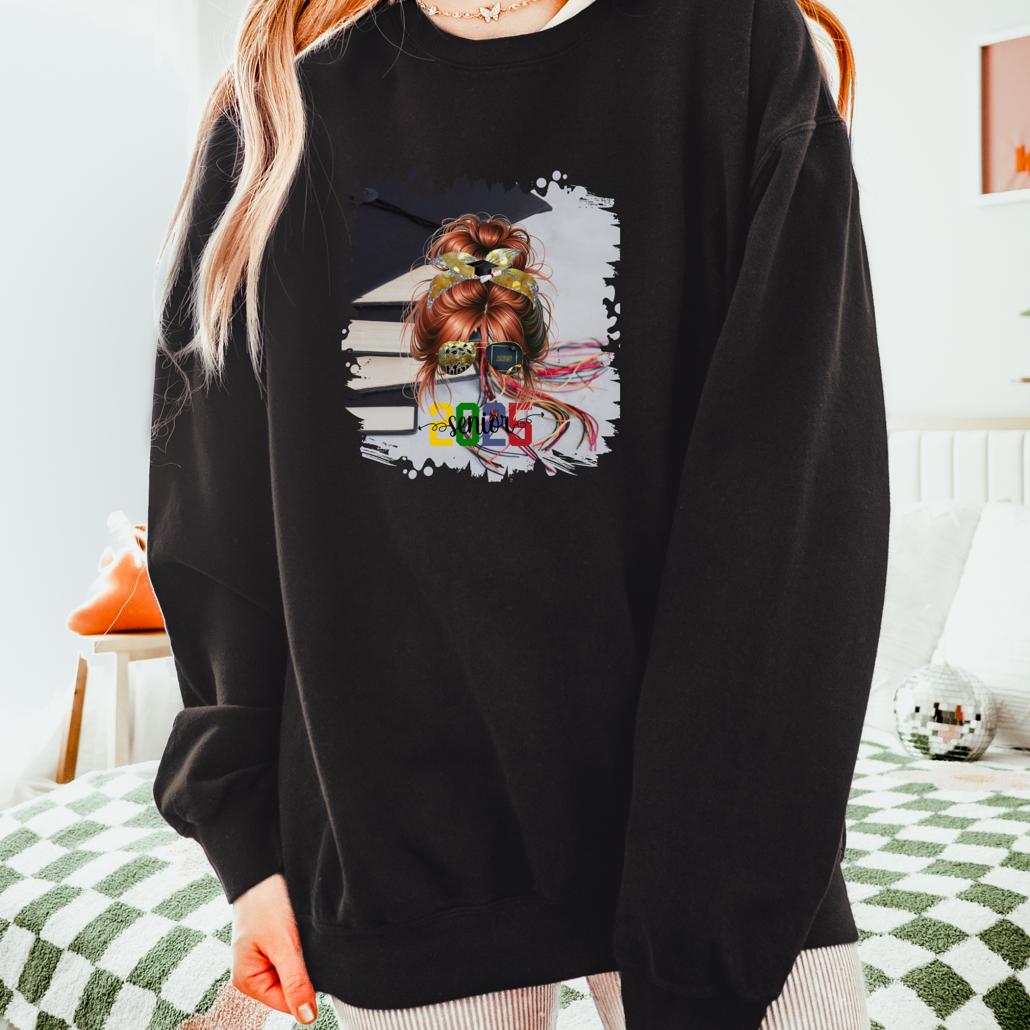 Senior 2025 Colorful, Cap & Books, Red Hair Messy Bun, Unisex Lightweight Crewneck Sweatshirt