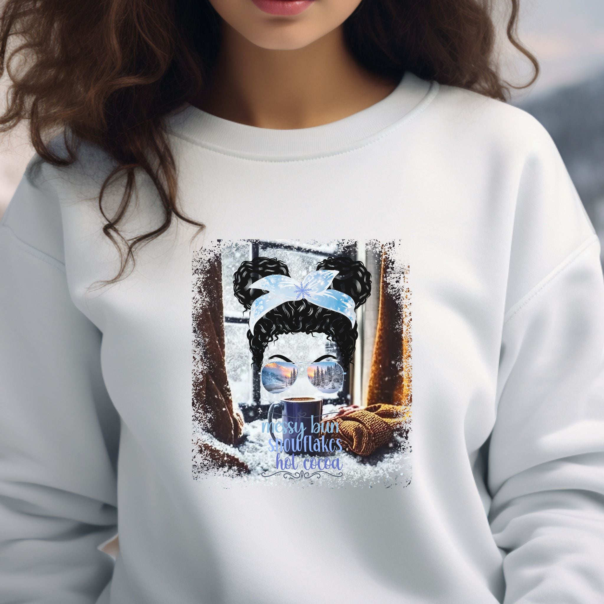 Messy Bun Winter Sweater, Black Hair Messy Bun, Unisex Heavy Blend™ Crewneck Sweatshirt