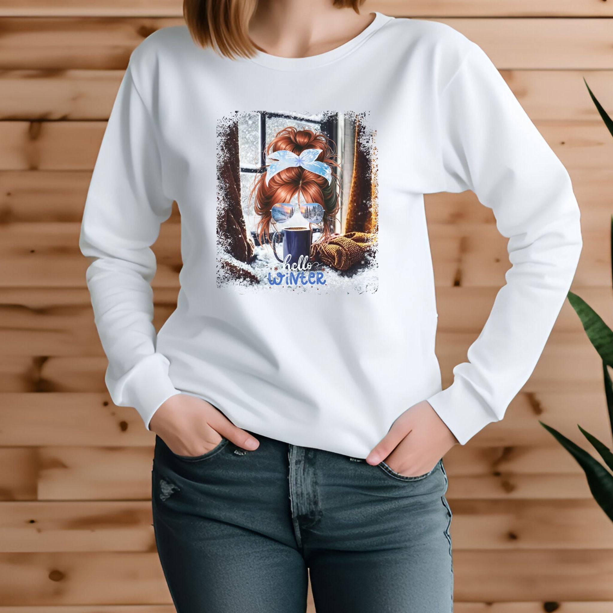 Hello Winter, Winter Home, Red Hair Messy Bun, Unisex Jersey Long Sleeve Tee