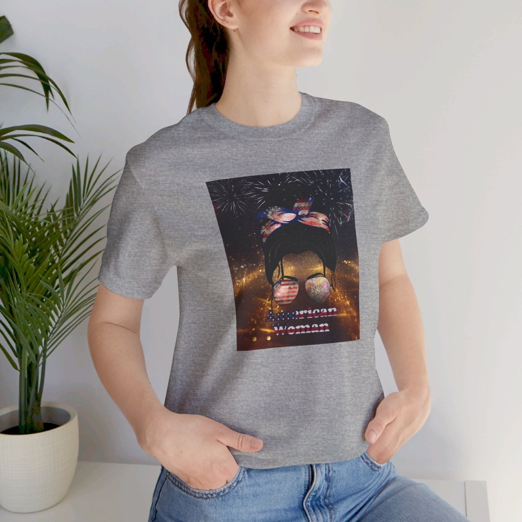 American Woman, Black Hair, Sparkle Background, Unisex Jersey Short Sleeve Tee - Janlyn's Crafts