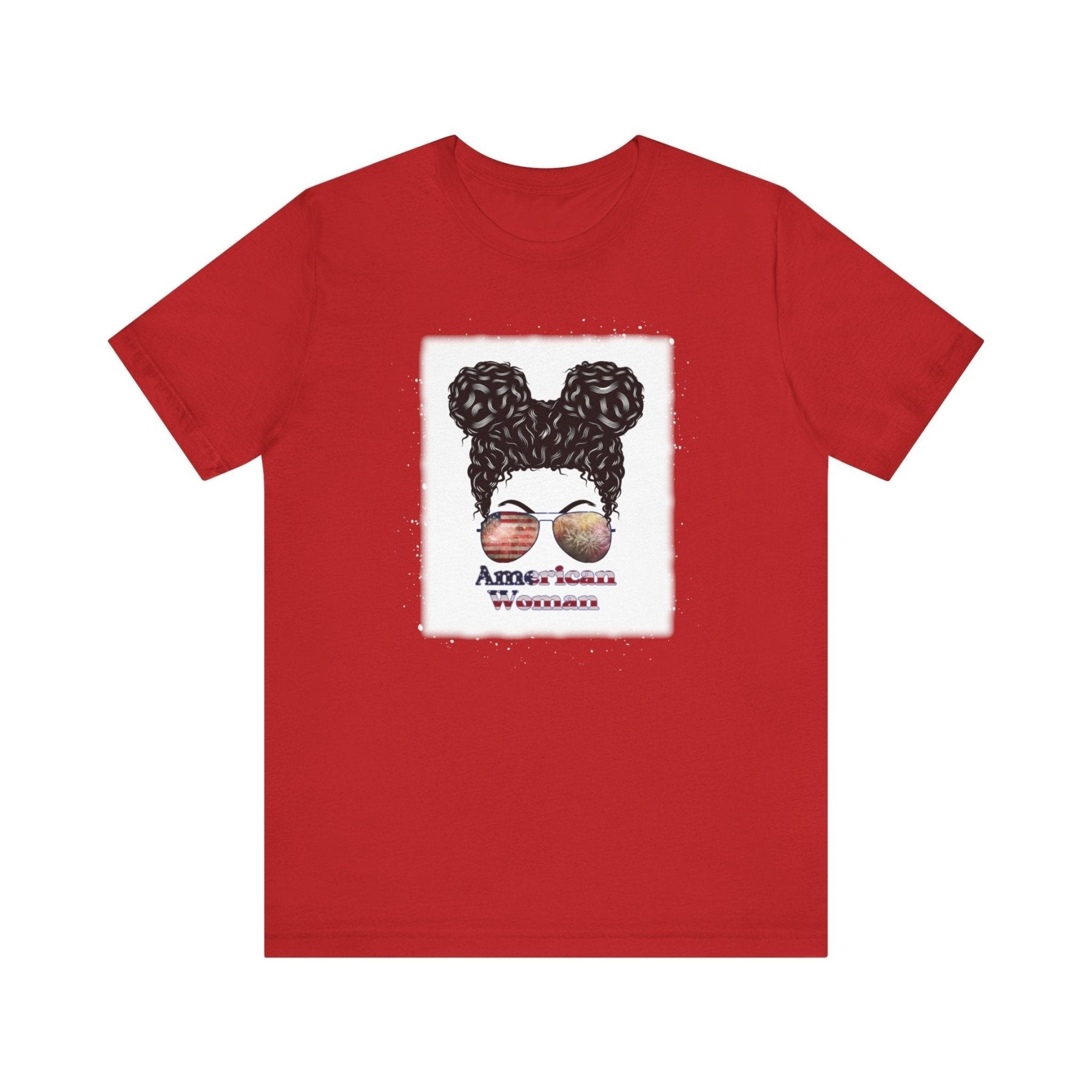 American Woman, Black Hair, White Background, Unisex Jersey Short Sleeve Tee - Janlyn's Crafts