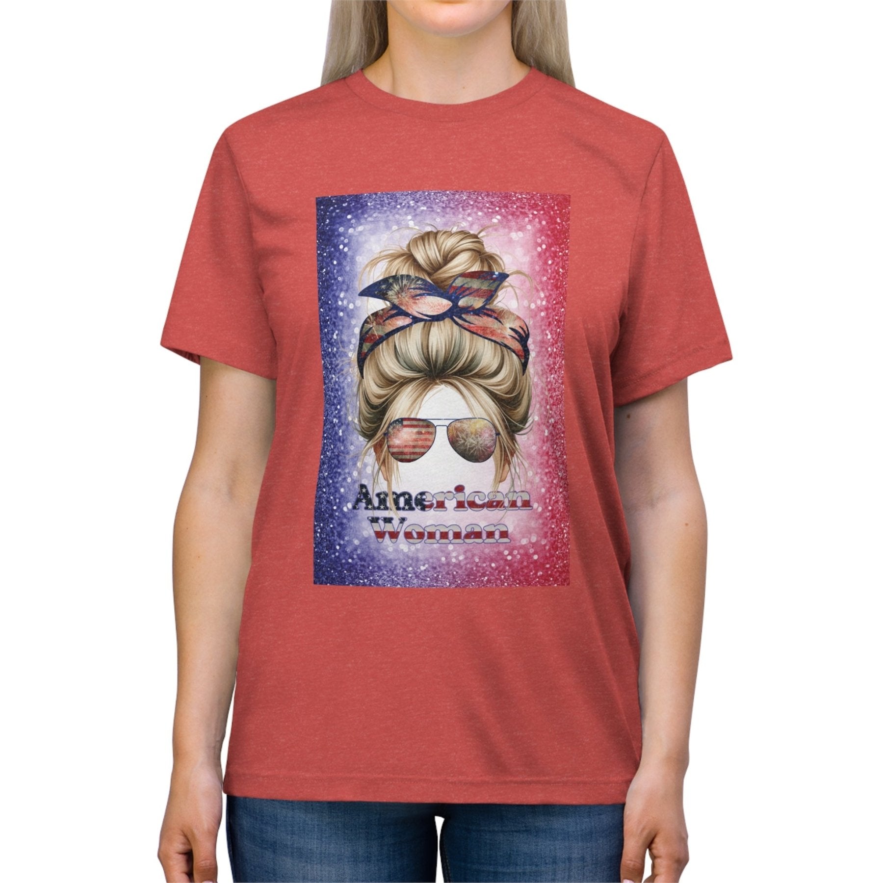 American Woman, Blond Hair, Red White Blue Background, Unisex Triblend T-Shirt - Janlyn's Crafts