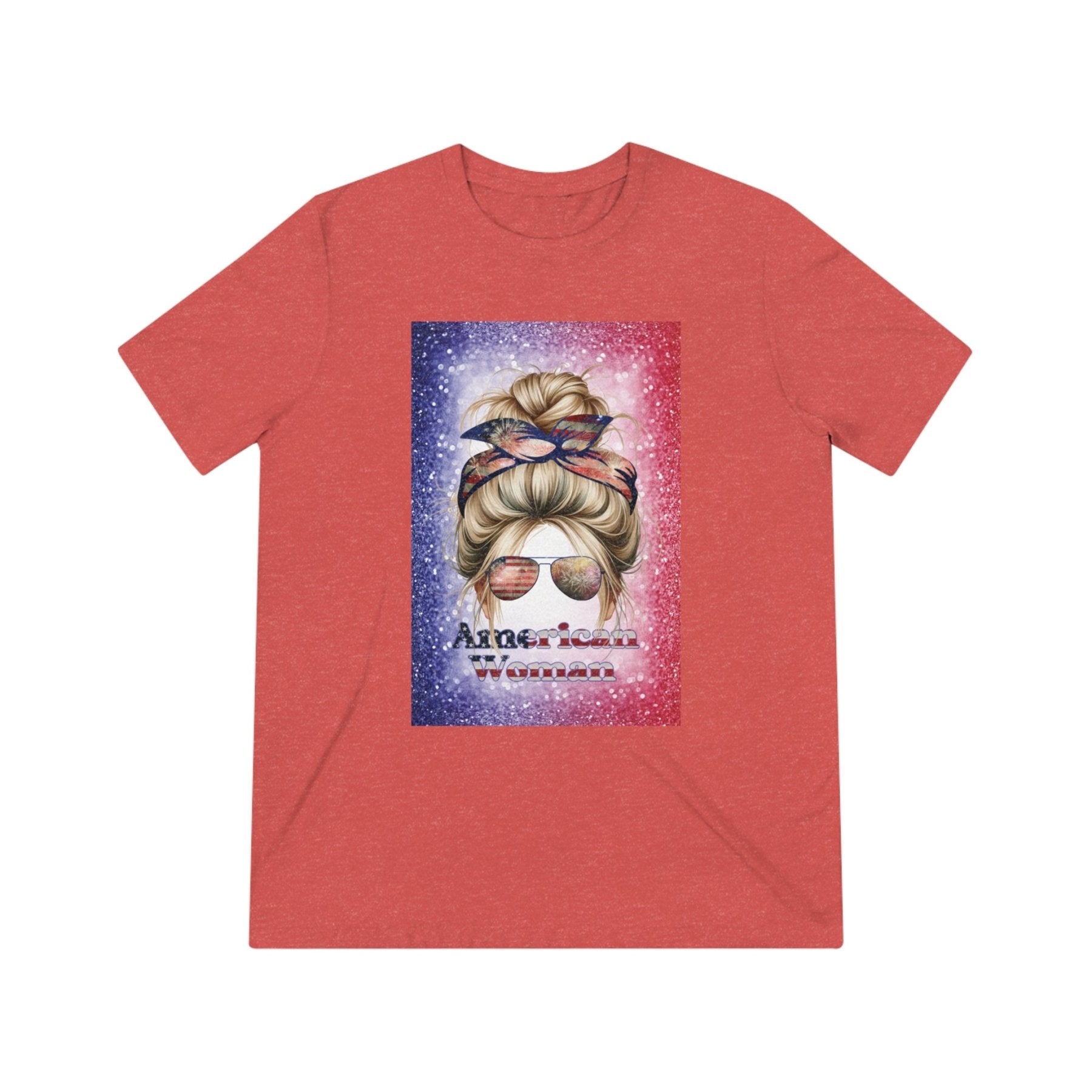 American Woman, Blond Hair, Red White Blue Background, Unisex Triblend T-Shirt - Janlyn's Crafts