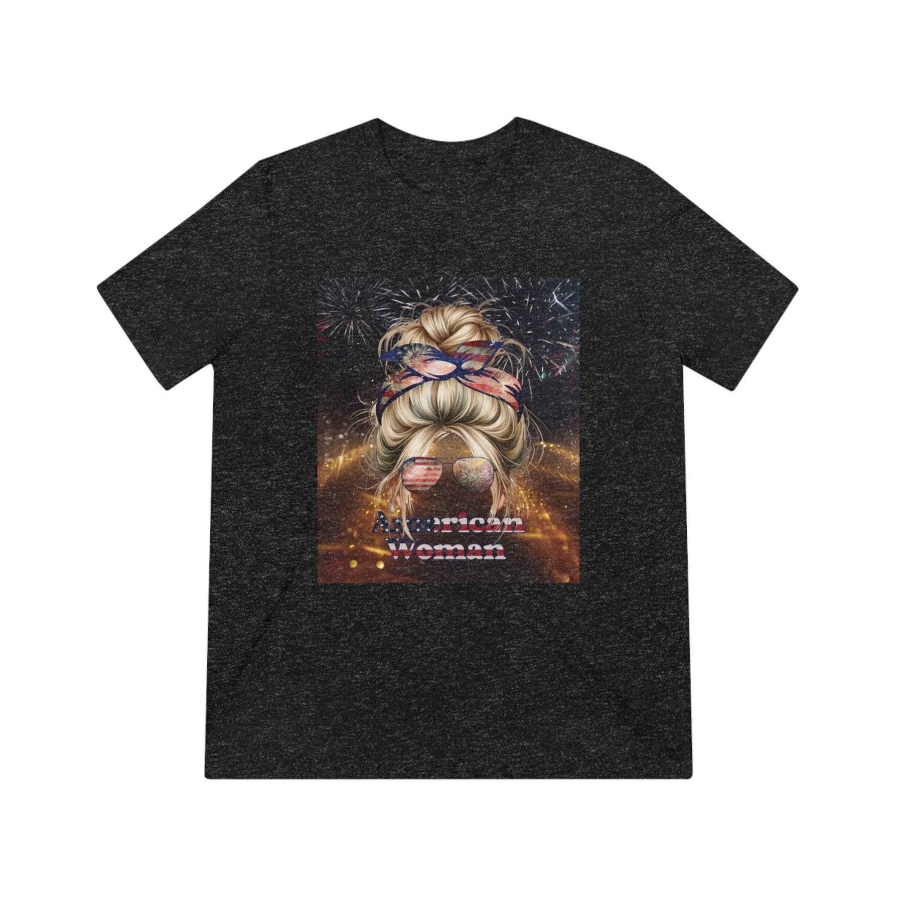 American Woman, Blond Hair, Sparkle Background, Unisex Triblend T-Shirt - Janlyn's Crafts