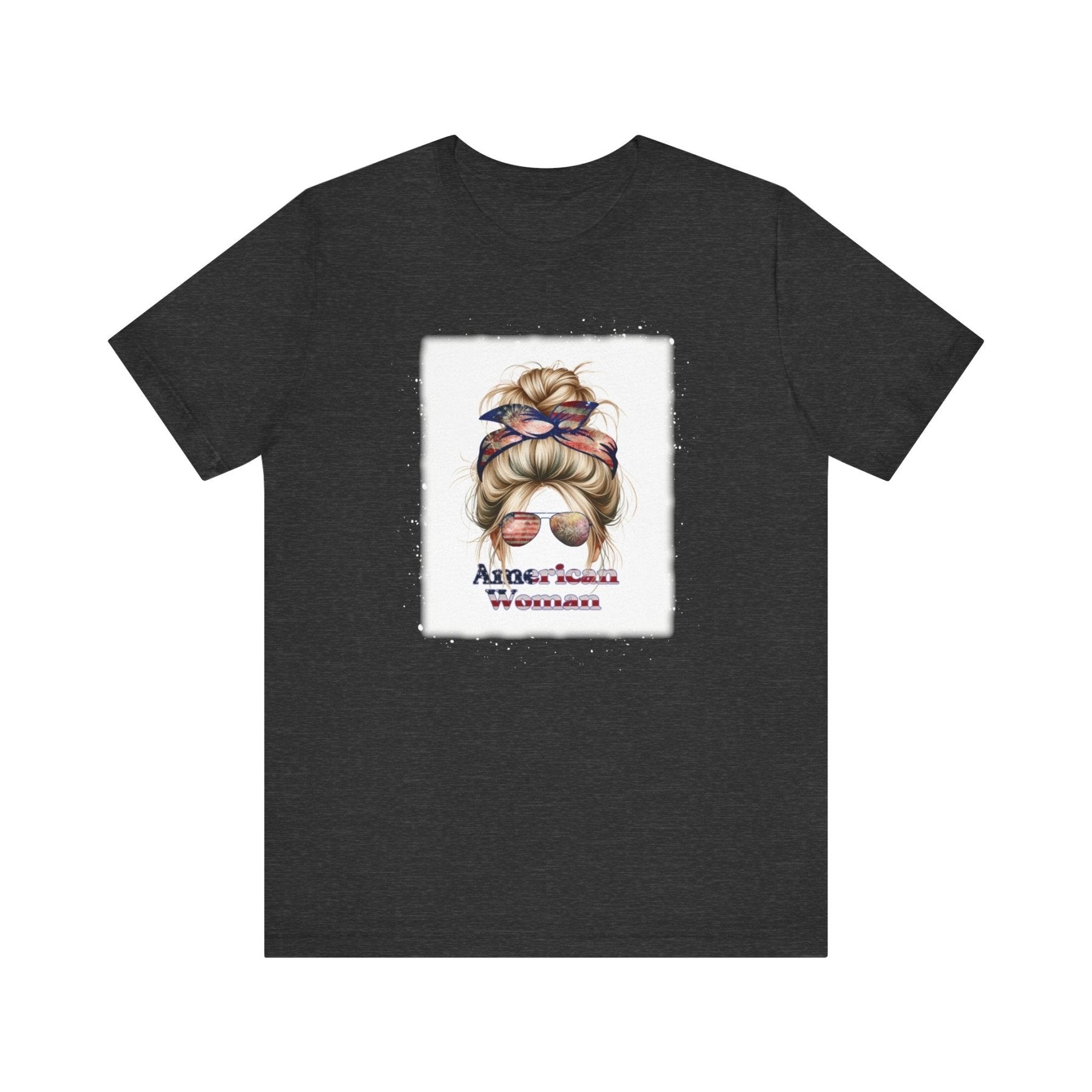American Woman, Blond Hair, White Background, Unisex Jersey Short Sleeve Tee - Janlyn's Crafts
