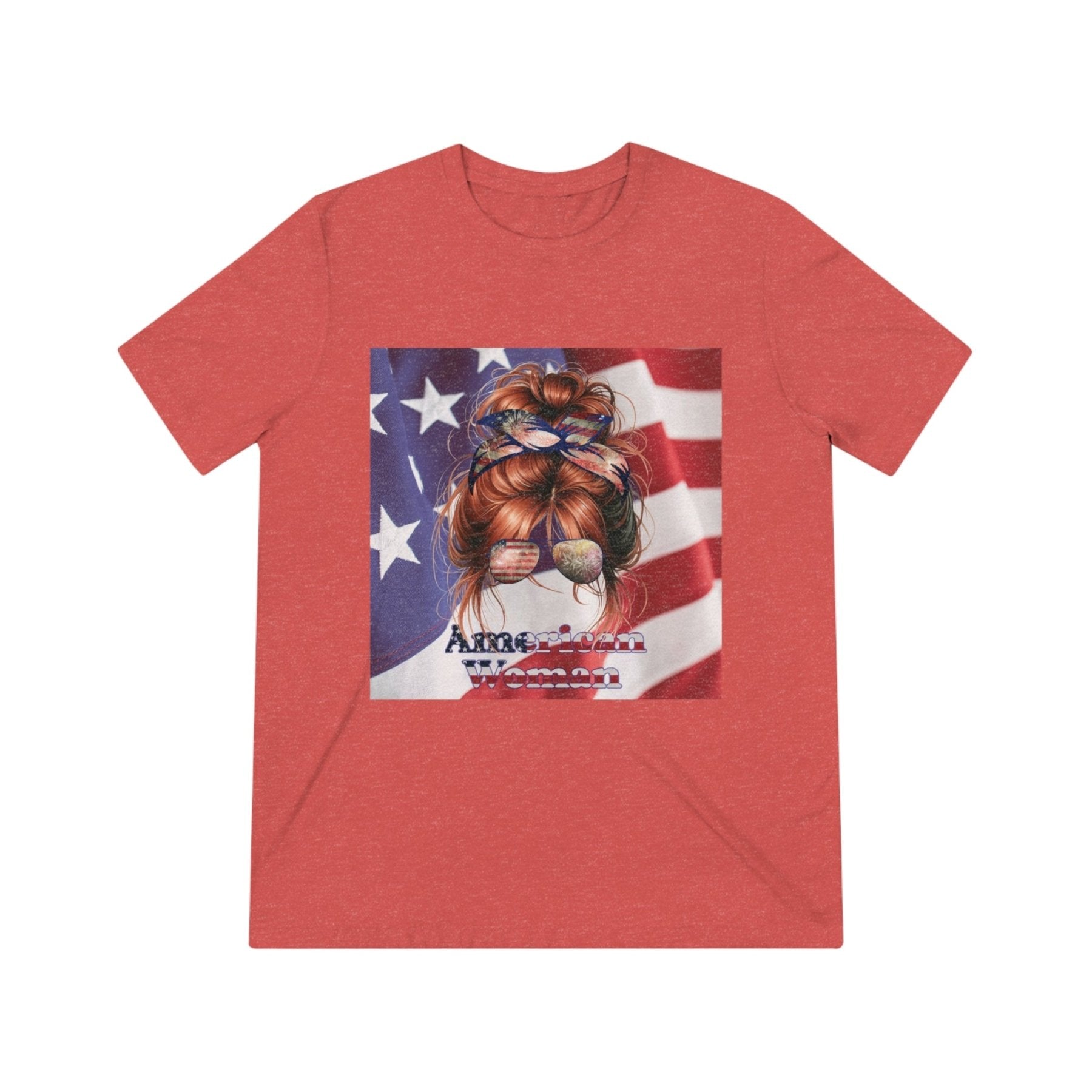 American Woman, Red Hair, American Flag Background, Unisex Triblend T-Shirt - Janlyn's Crafts