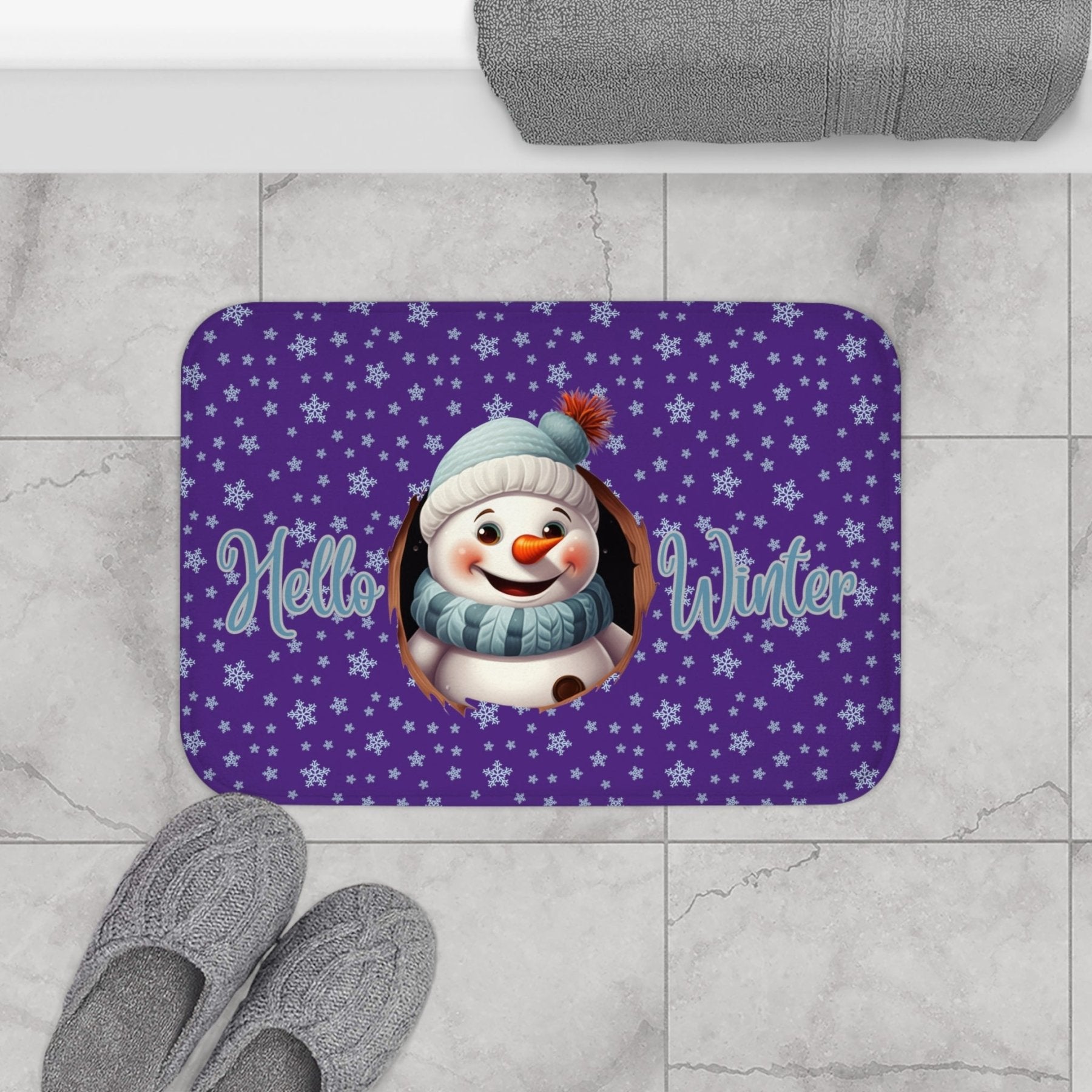 Bath Mat, Winter, Hello Winter, Purple, Snowman 1 - Janlyn's Crafts
