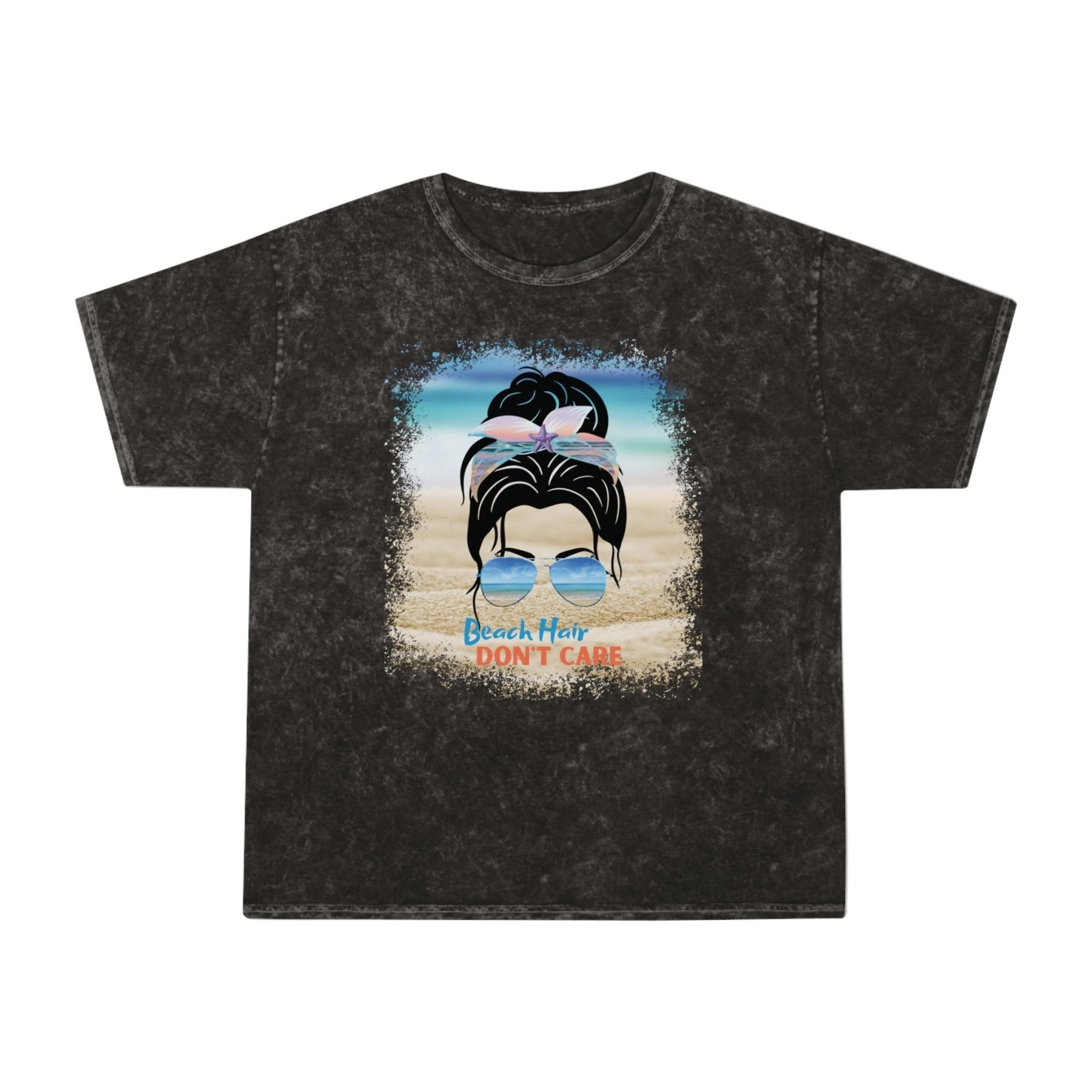 Beach Hair Don't Care Black Hair Messy Bun, Unisex Mineral Wash T-Shirt - Janlyn's Crafts