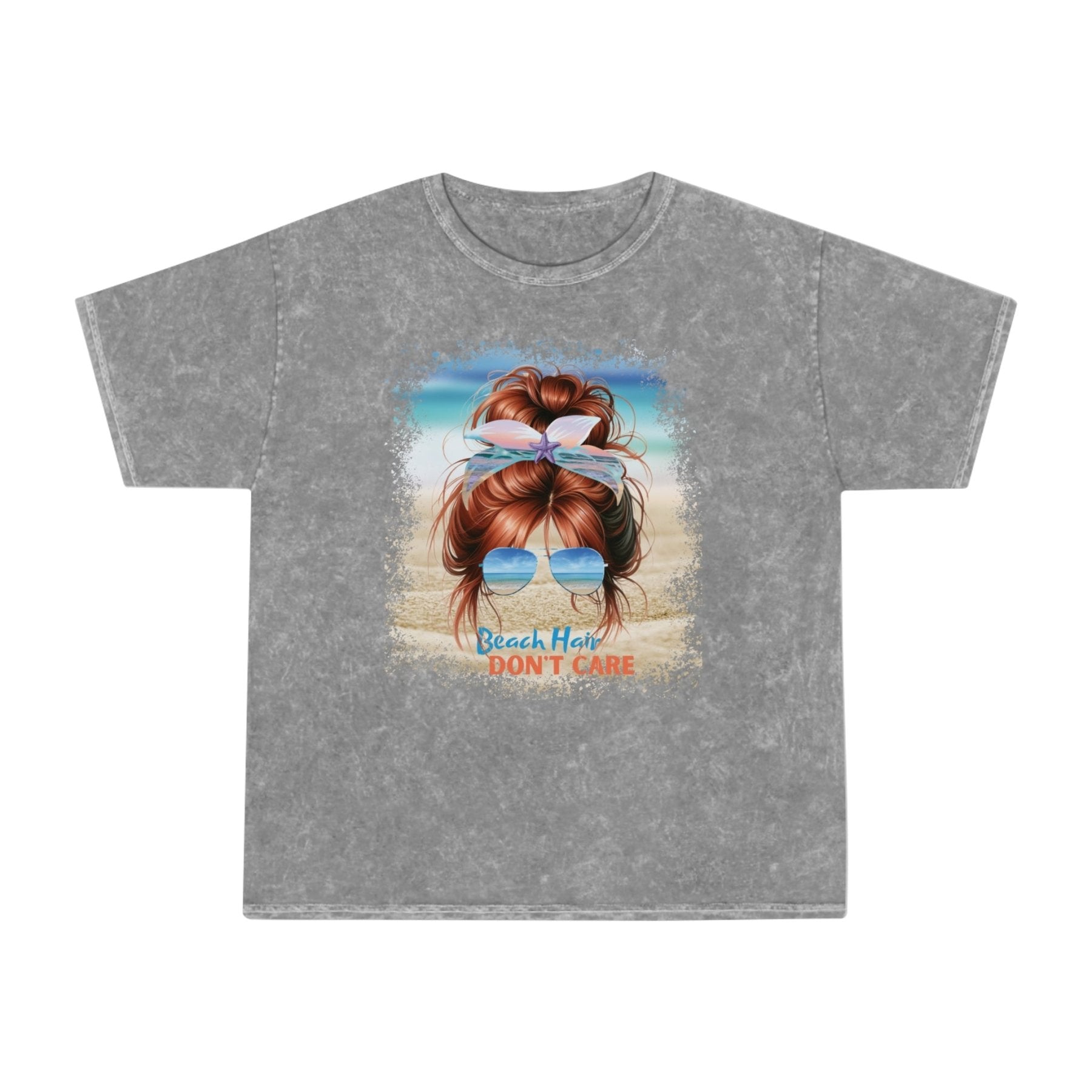 Beach Hair Don't Care Red Hair Messy Bun, Unisex Mineral Wash T-Shirt - Janlyn's Crafts