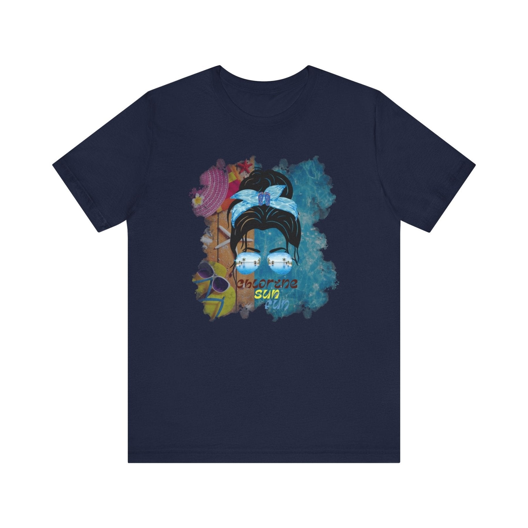 chlorine sun fun, Black Hair Messy Bun, Pool Scene, Unisex Jersey Short Sleeve Tee - Janlyn's Crafts