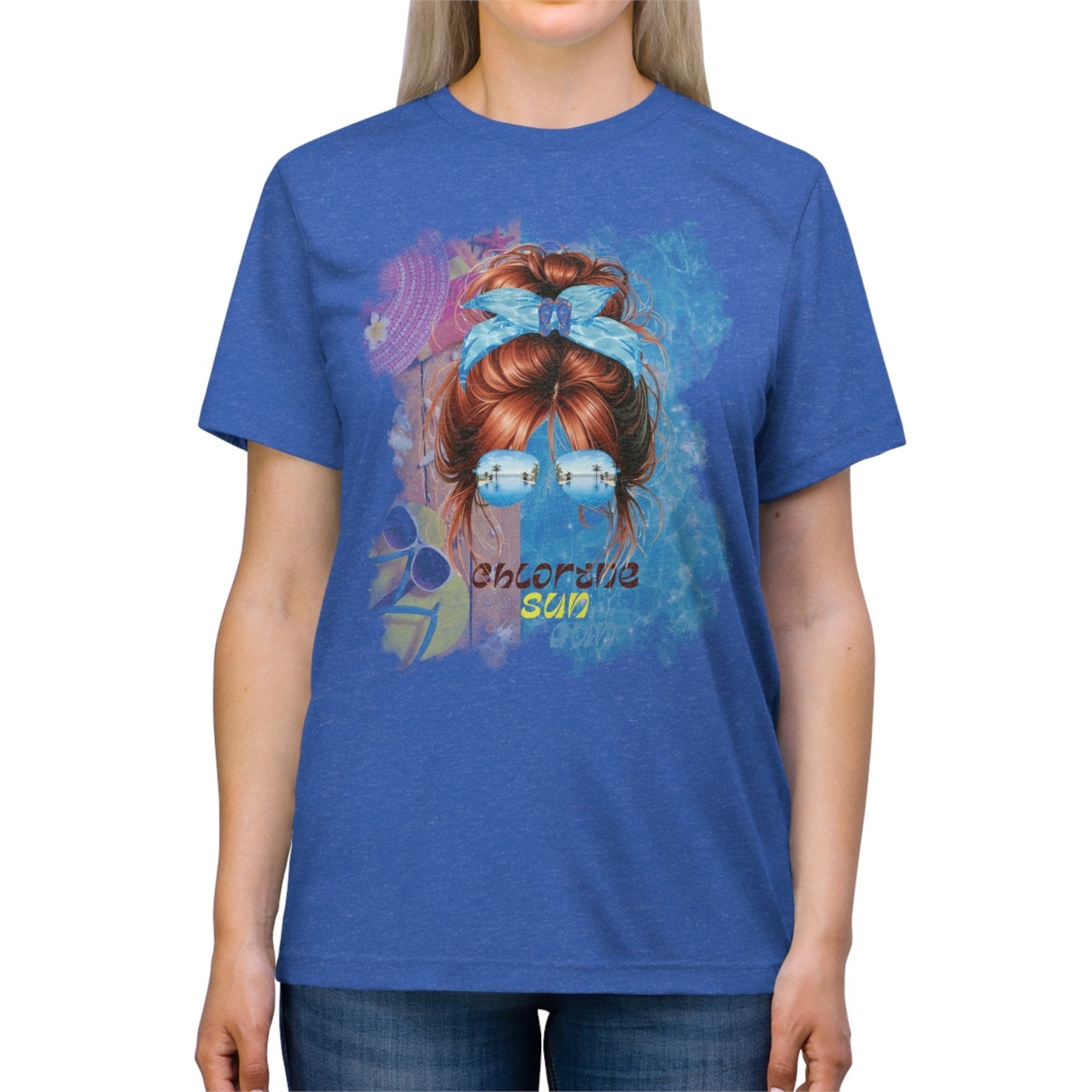 chlorine sun fun, Red Hair Messy Bun, Pool Scene, Unisex Triblend T - Shirt - Janlyn's Crafts