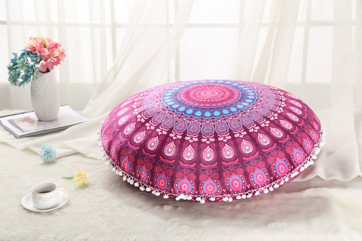 Colorful Mandala Floor Pillows Ottoman Round Bohemian Meditation Cushion Pillow Pouf - Janlyn's Crafts