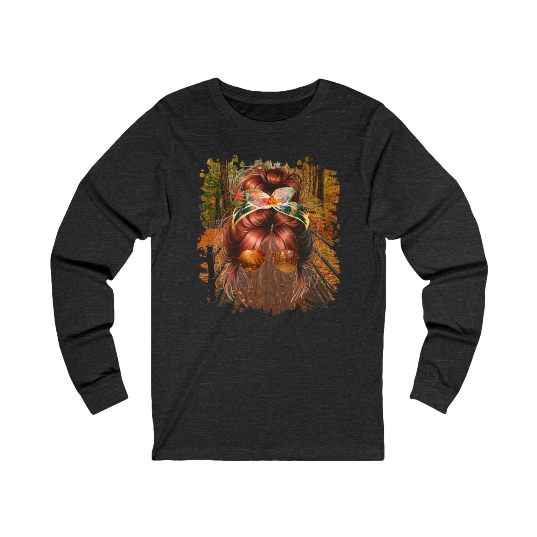 Fall Hike, Red Hair Messy Bun, Unisex Jersey Long Sleeve Tee - Janlyn's Crafts