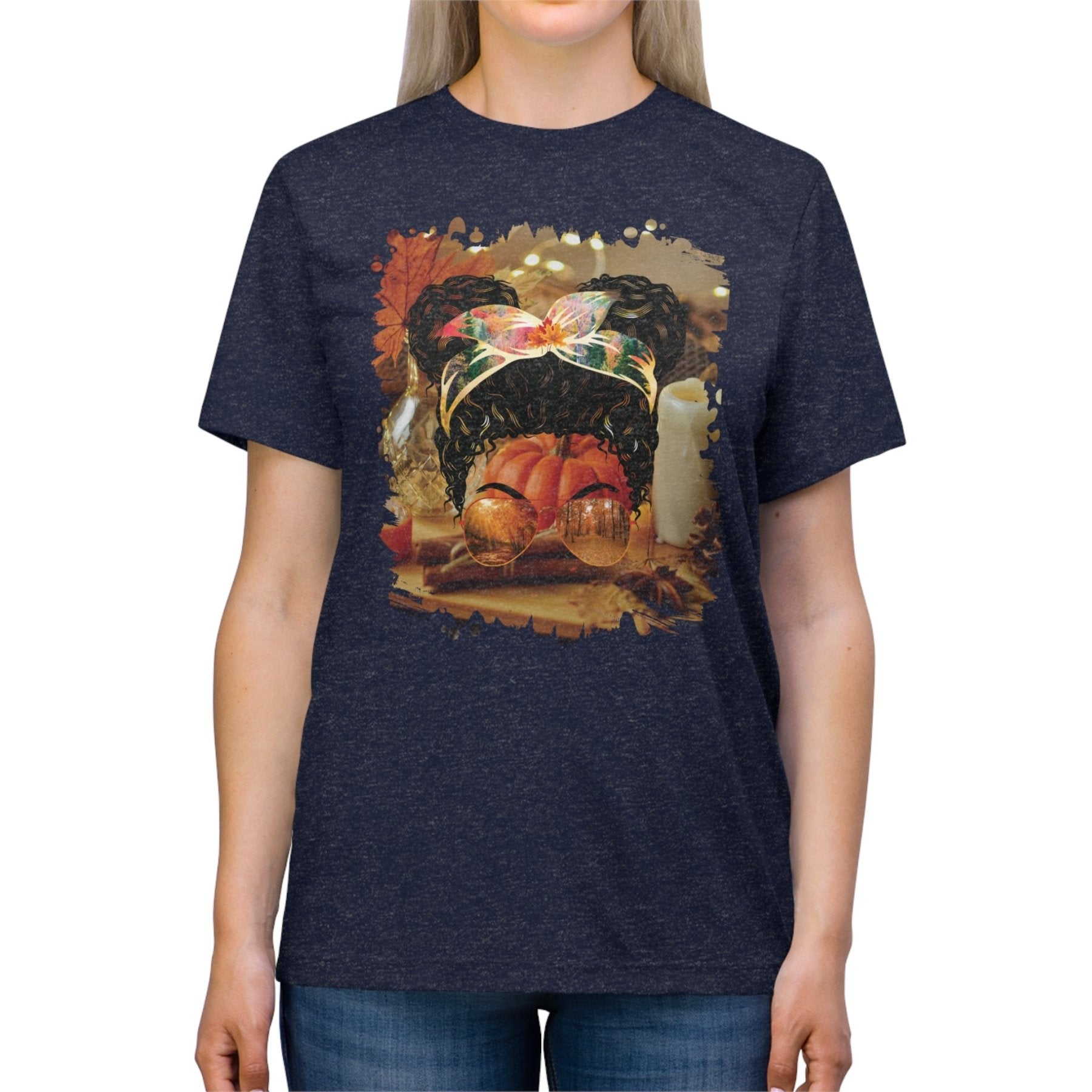 Fall Home, Black Hair Messy Bun, Unisex Triblend T - Shirt - Janlyn's Crafts