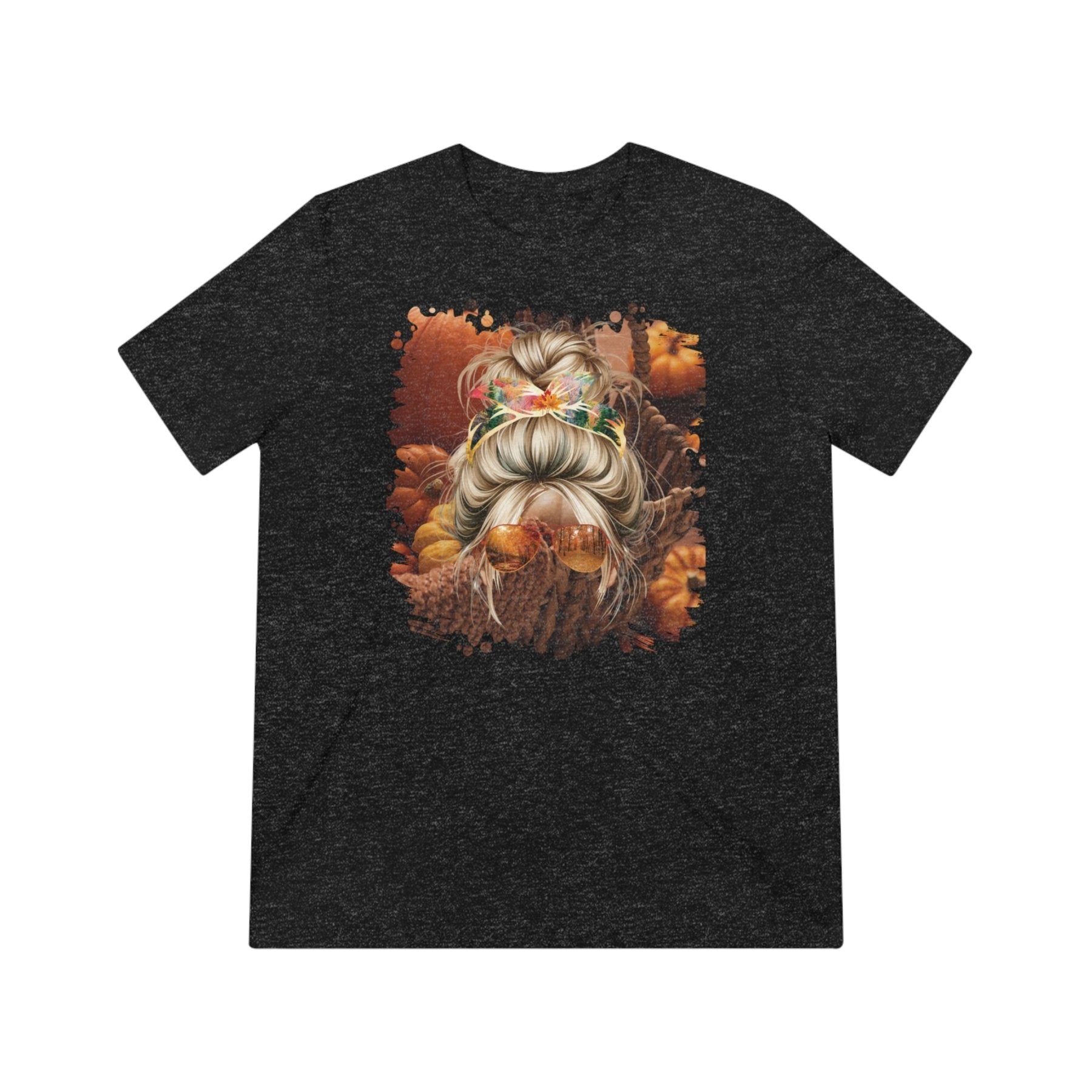 Fall Pumpkins, Blond Hair Messy Bun, Unisex Triblend T - Shirt - Janlyn's Crafts
