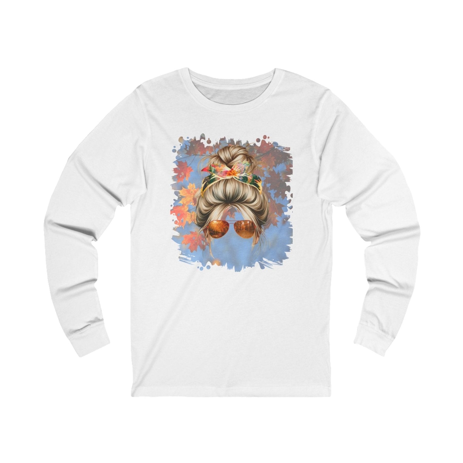 Fall Sky, Blond Hair Messy Bun, Unisex Jersey Long Sleeve Tee - Janlyn's Crafts