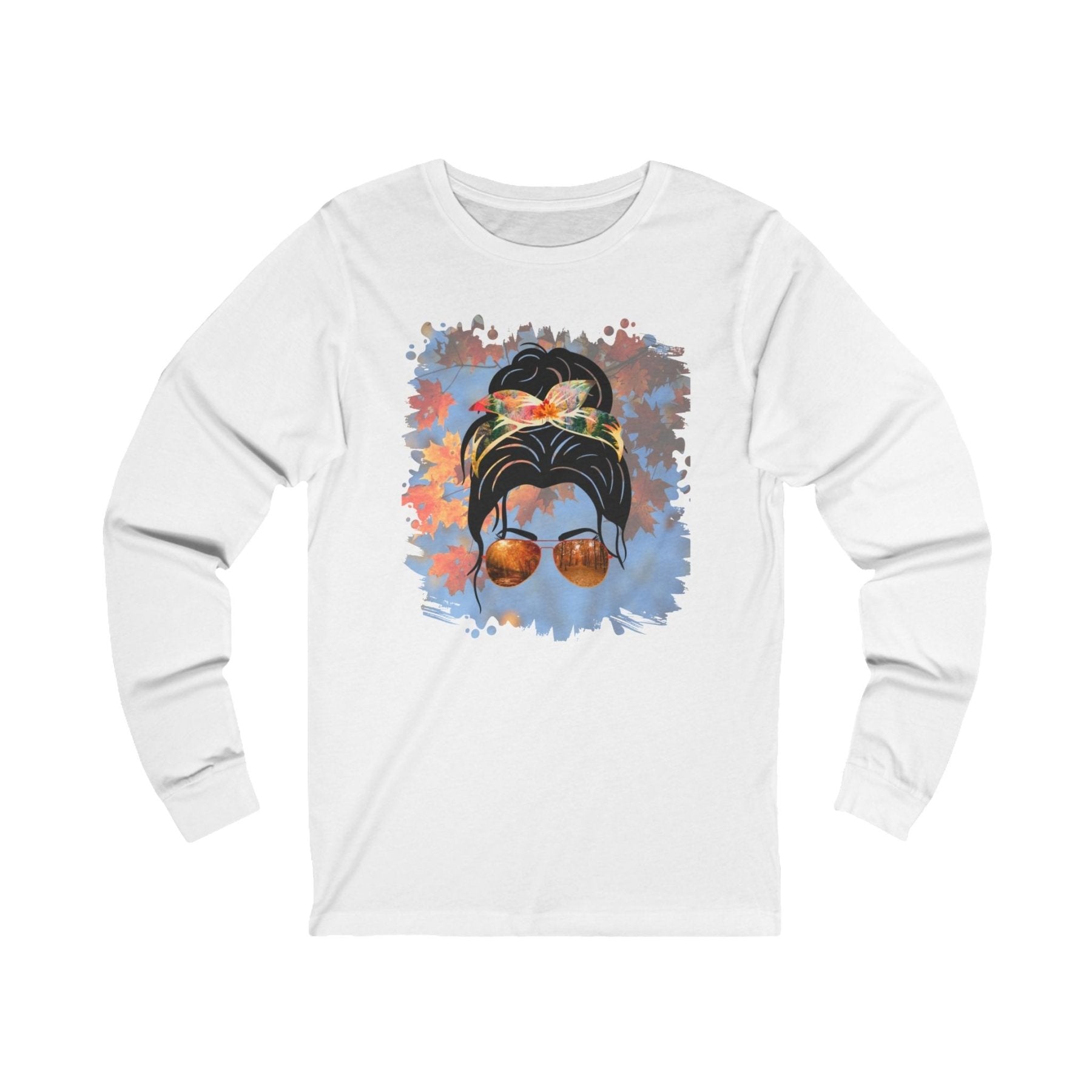 Fall Sky, Dark Hair Messy Bun, Unisex Jersey Long Sleeve Tee - Janlyn's Crafts