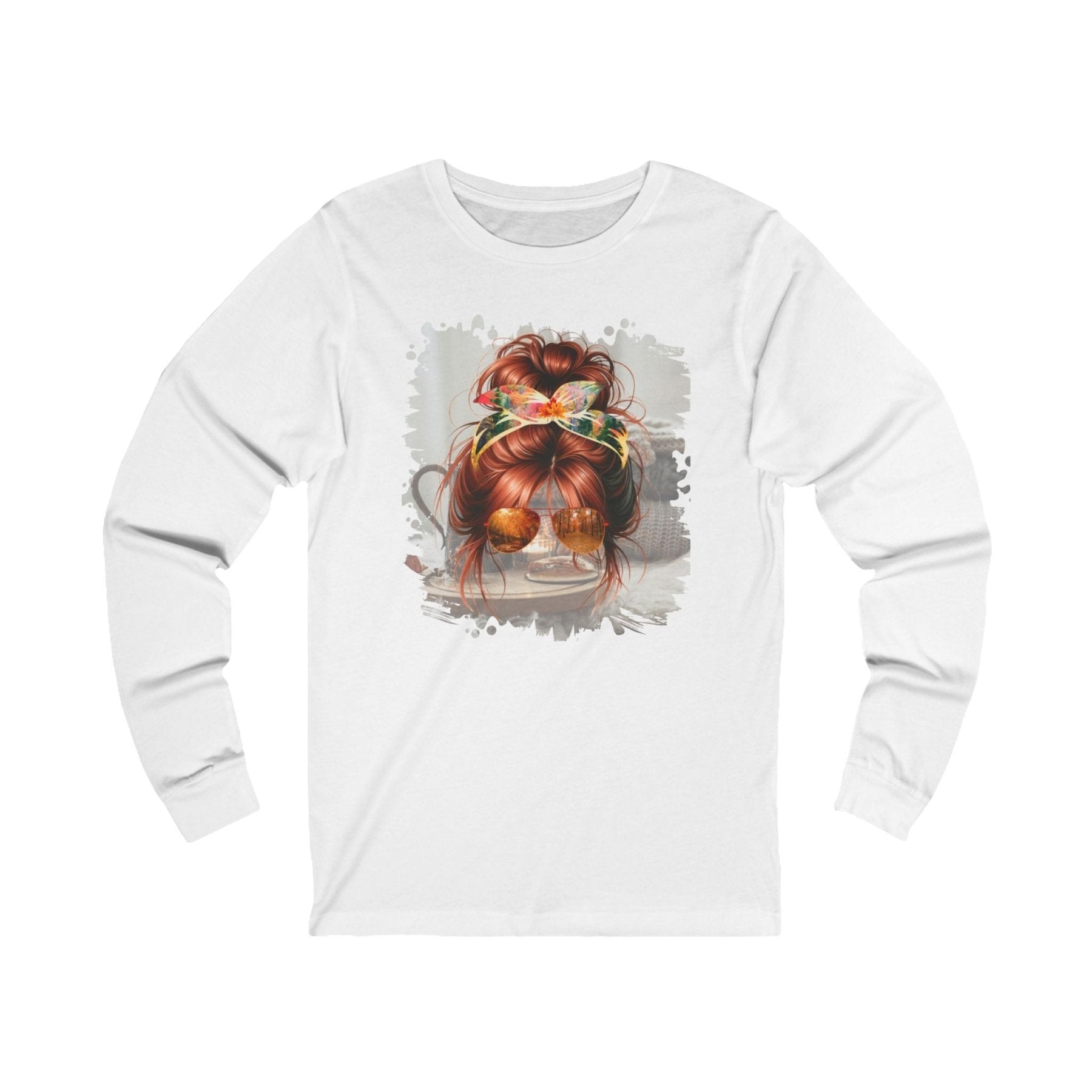 Fall Sweater, Red Hair Messy Bun, Unisex Jersey Long Sleeve Tee - Janlyn's Crafts