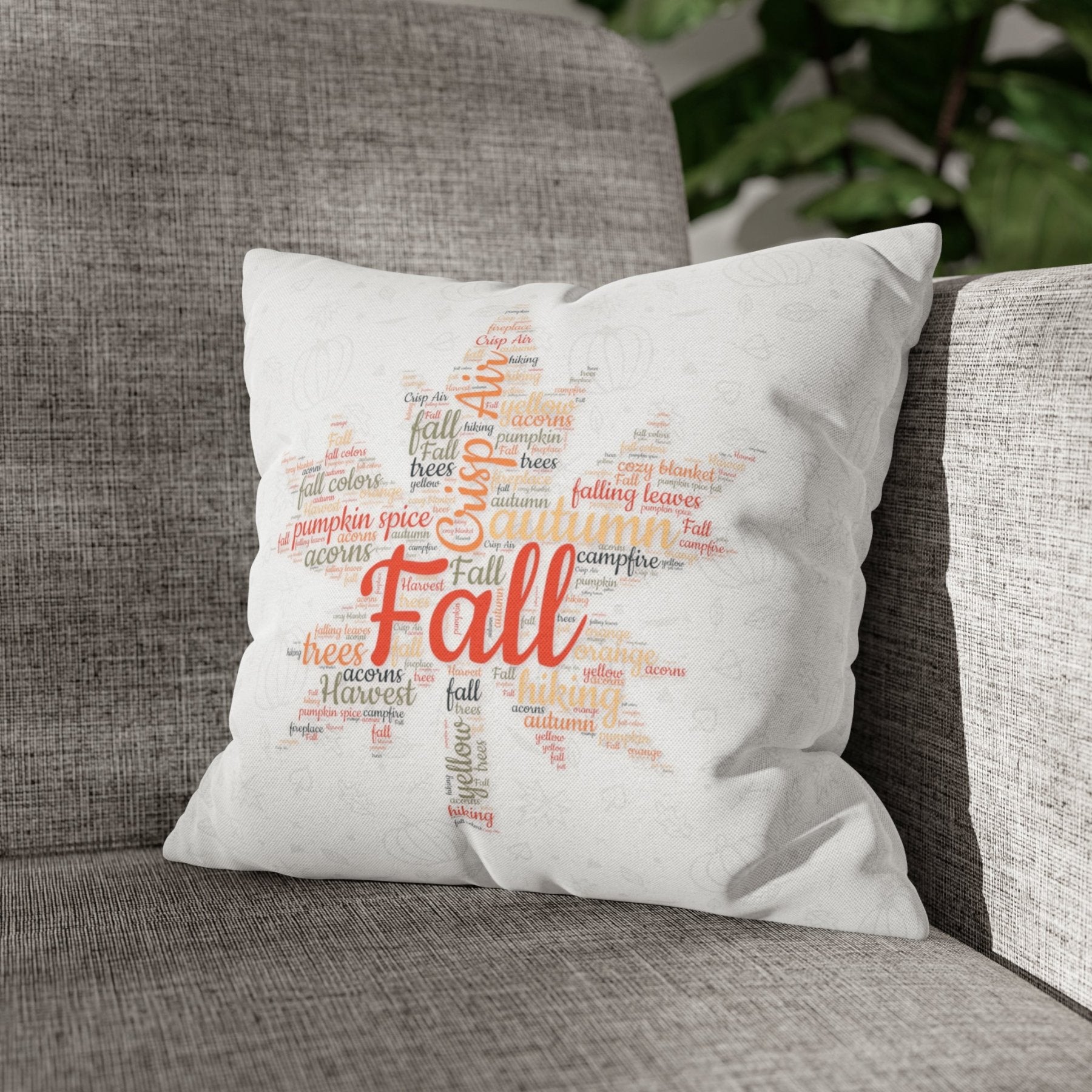 Square Throw Pillow Cover Case Fall Autumn Descriptive Words with Leaves and Pumpkins Mockup | Janlyn's Crafts