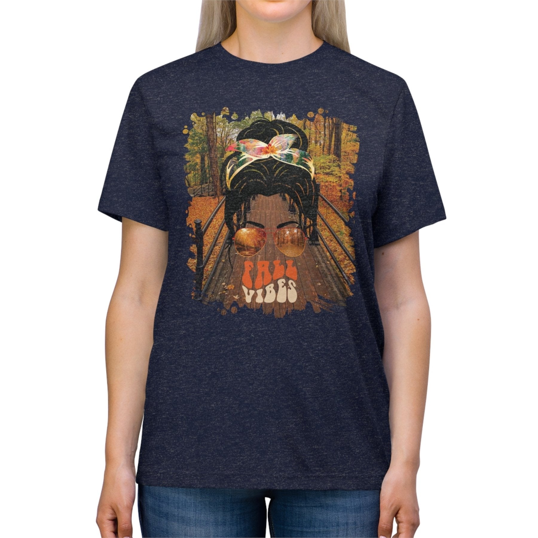 Fall Vibes Fall Hike, Dark Hair Messy Bun, Unisex Triblend T - Shirt - Janlyn's Crafts