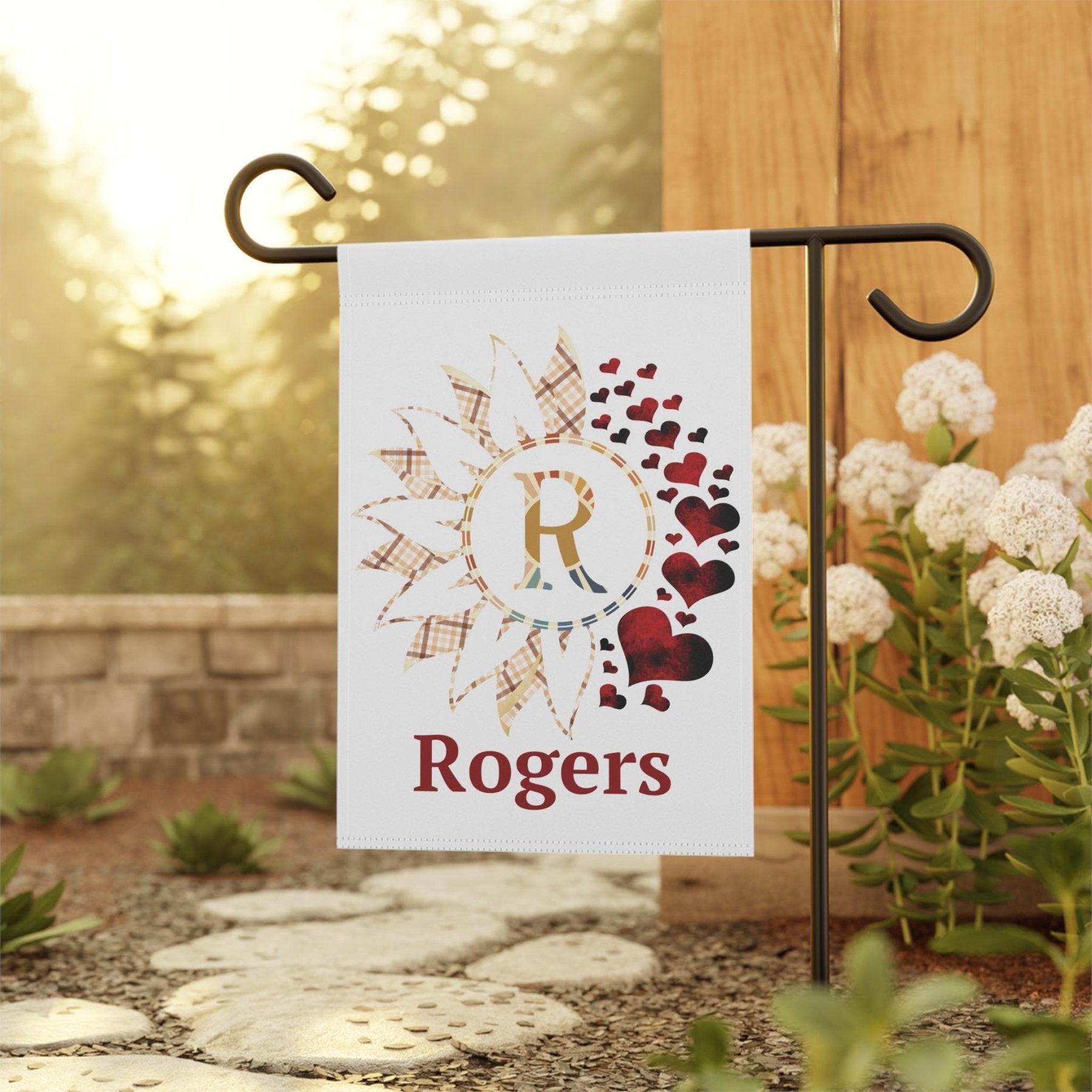 Flower & Hearts Garden, Lawn, House, Vintage Plaid Monogram Name - Janlyn's Crafts
