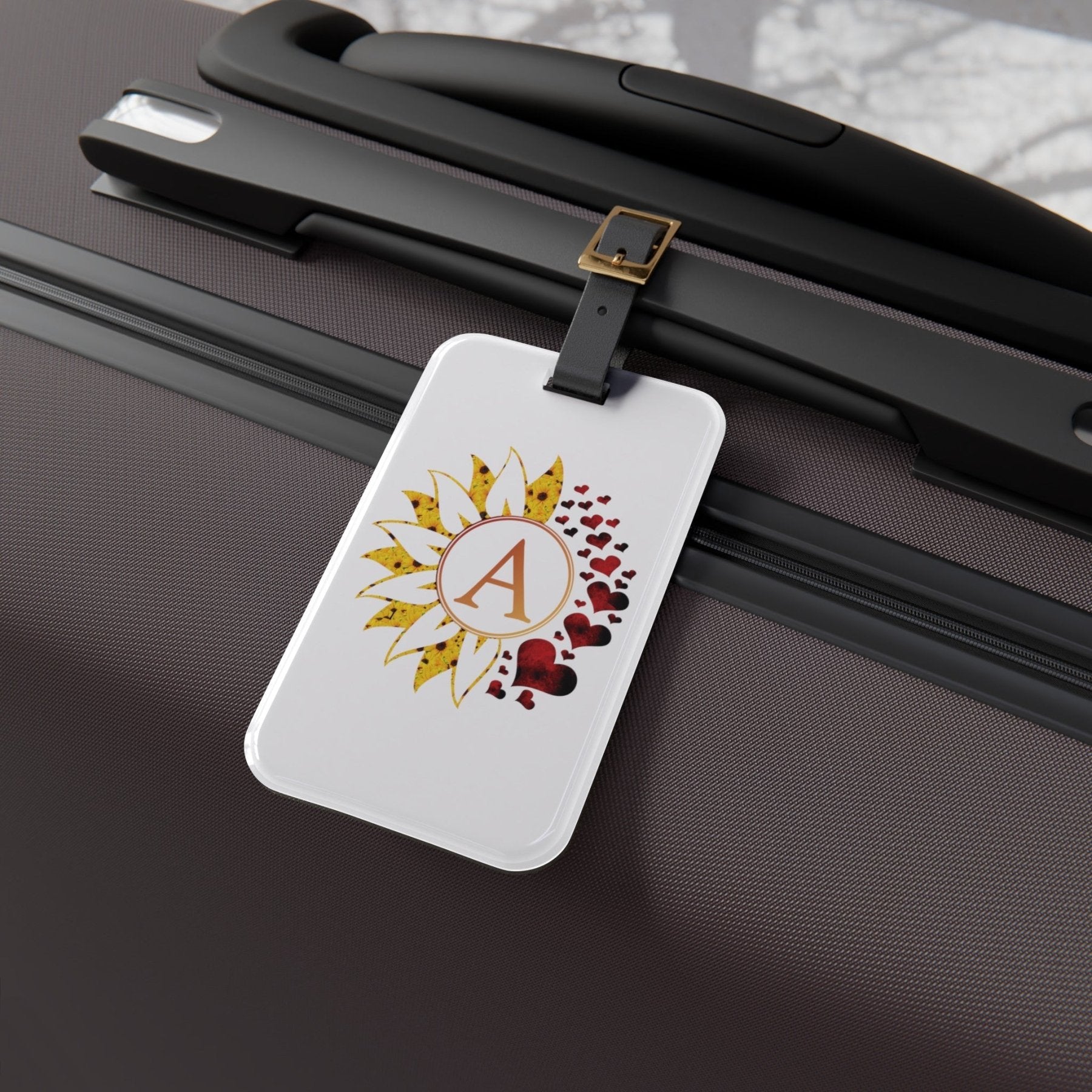 Flowers & Hearts Personalized Monogram Luggage Tag, Sunflower & Red Hearts - Janlyn's Crafts