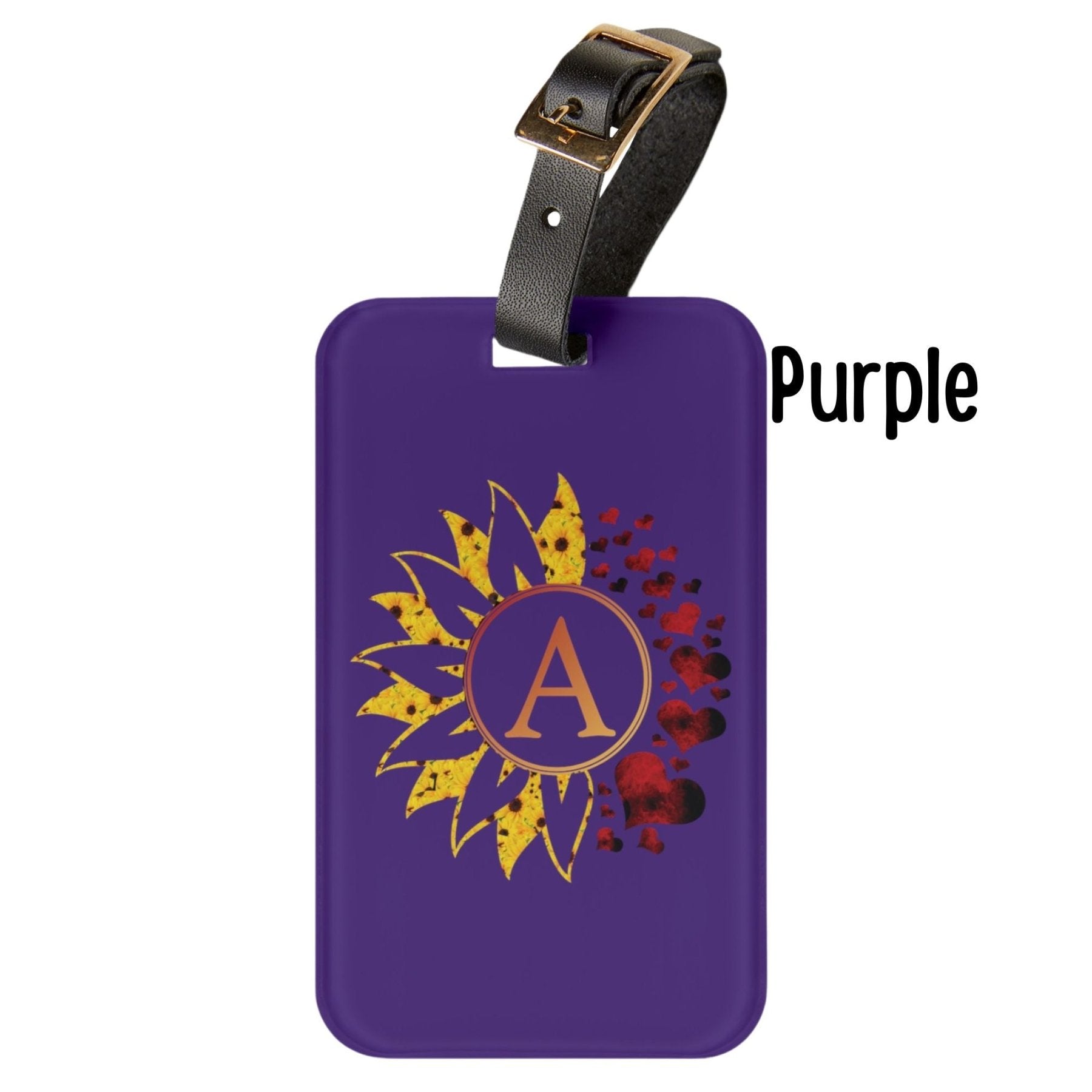 Flowers & Hearts Personalized Monogram Luggage Tag, Sunflower & Red Hearts - Janlyn's Crafts