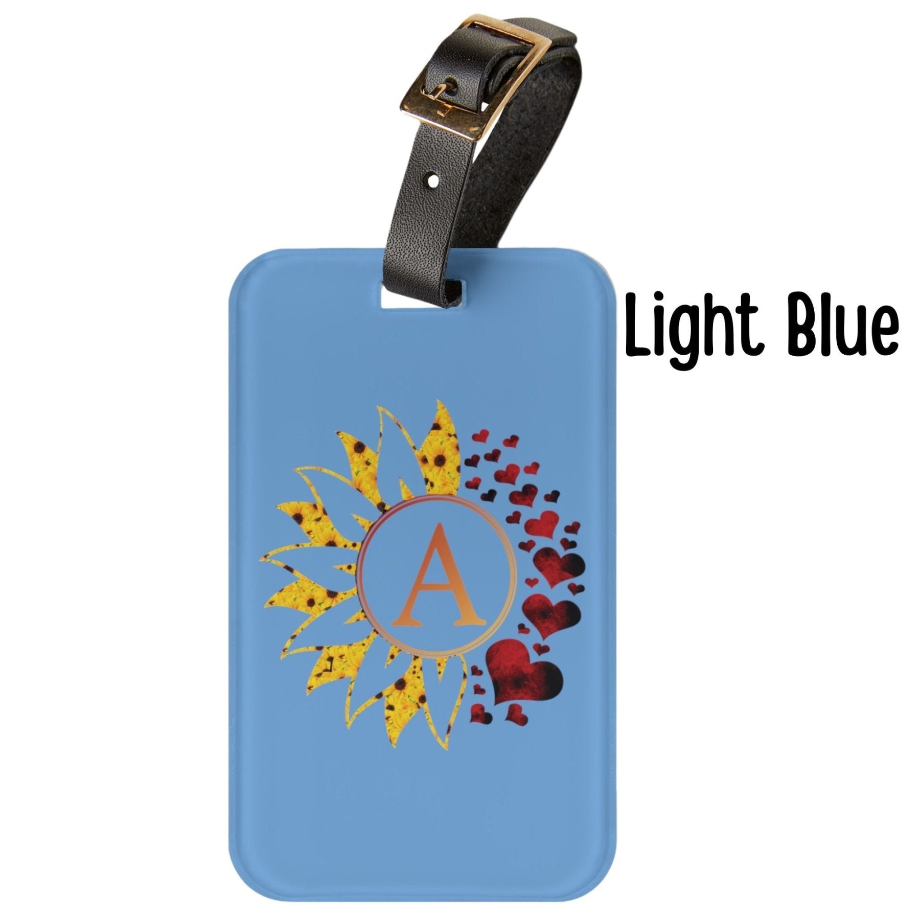 Flowers & Hearts Personalized Monogram Luggage Tag, Sunflower & Red Hearts - Janlyn's Crafts