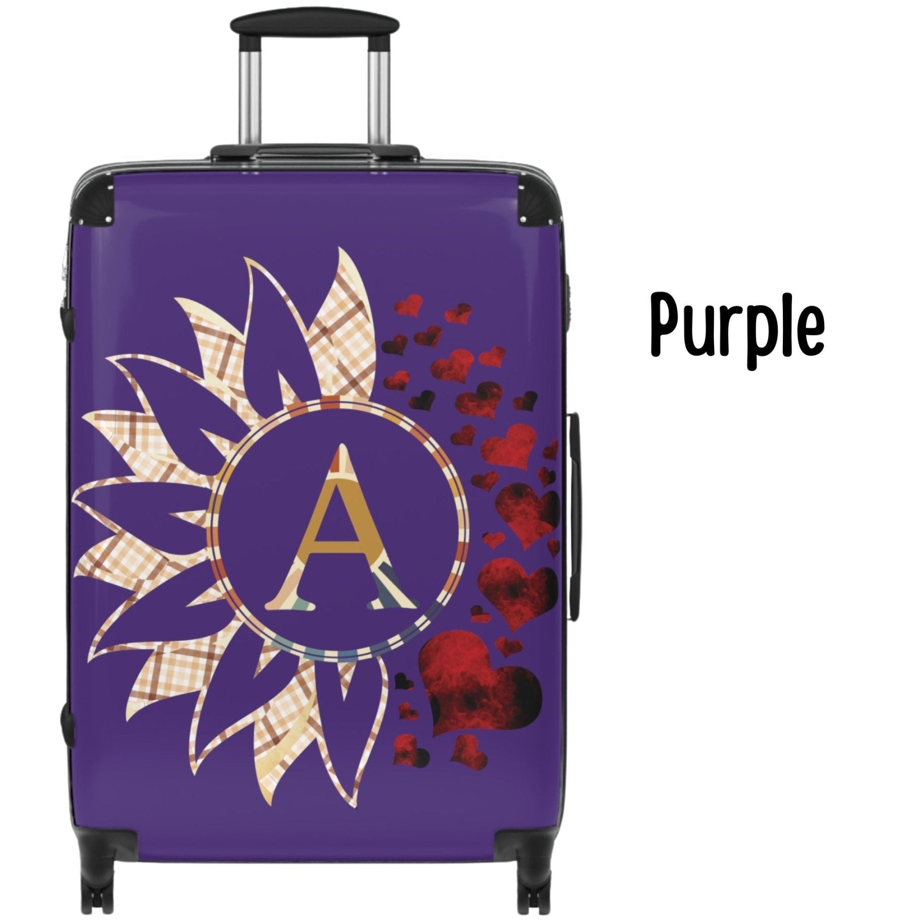 Flowers & Hearts Personalized Monogram Suitcase, Plaid Vintage & Red Hearts - Janlyn's Crafts