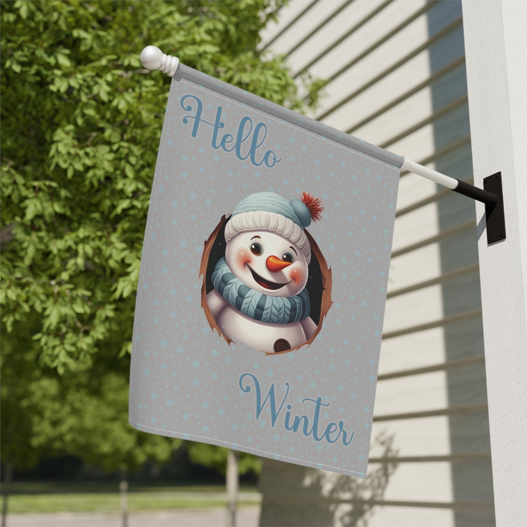 Garden Flag, Lawn Flag, House Flag, Home Flag, Winter Flag, Hello Winter, Light Gray, Snowman 2 - Janlyn's Crafts
