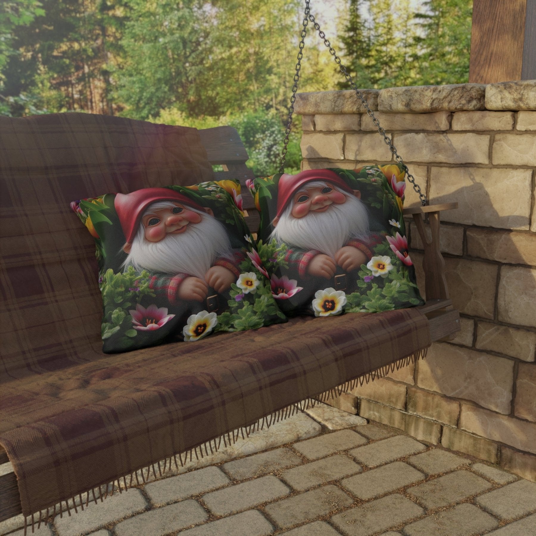 Gnome & Flowers Outdoor Pillow, Qty 1, (9) - Janlyn's Crafts
