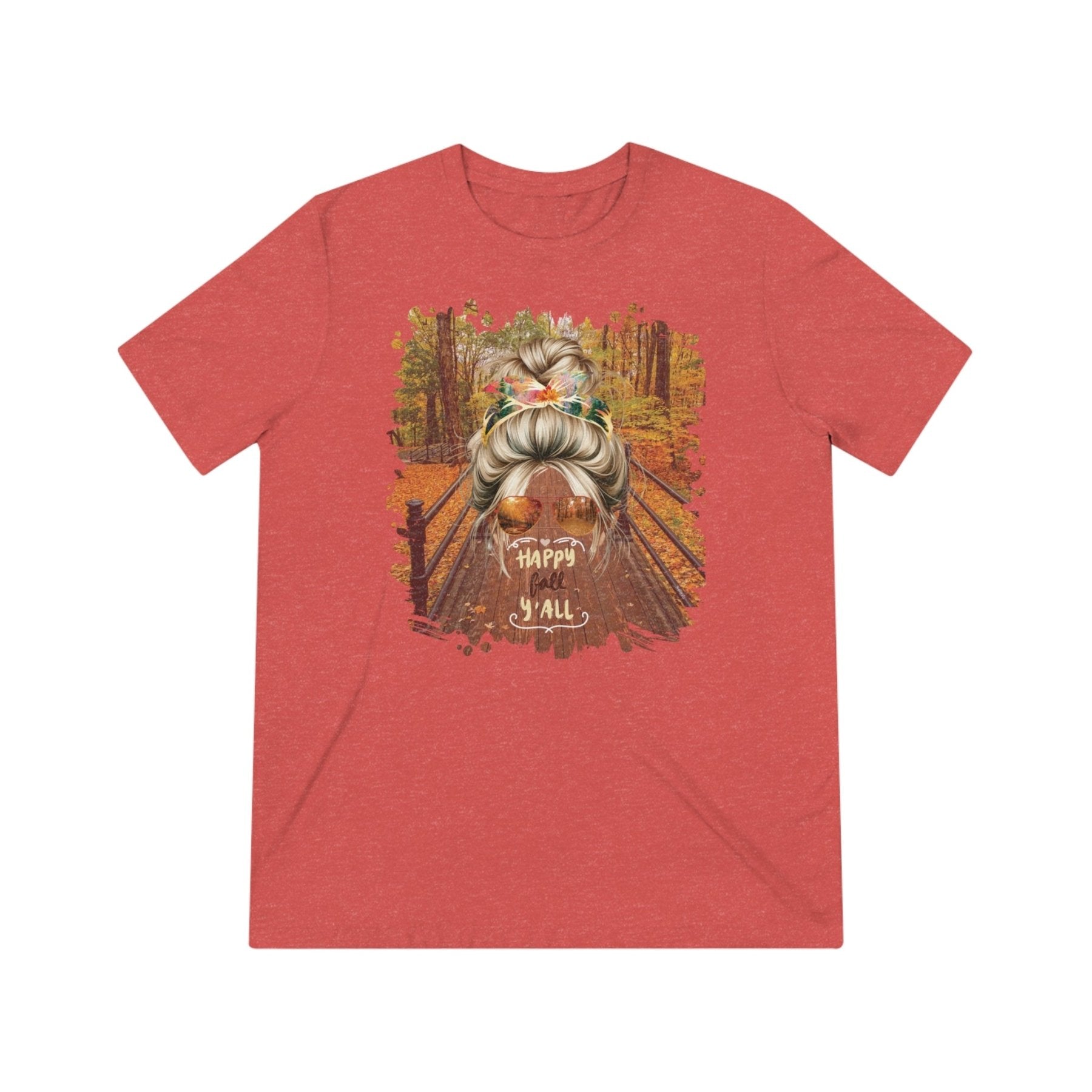 Happy Fall Y'all Fall Hike, Blond Hair Messy Bun, Unisex Triblend T - Shirt - Janlyn's Crafts