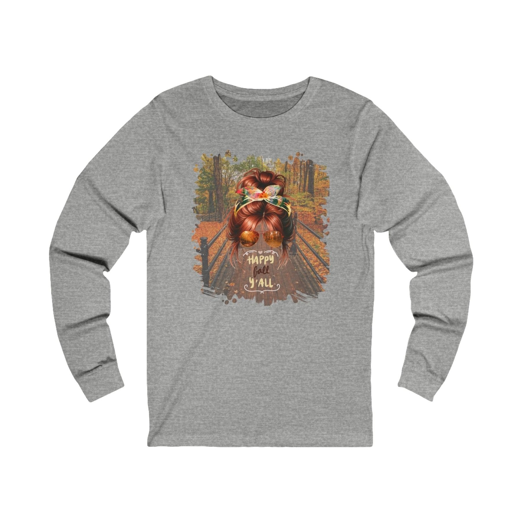 Happy Fall Y'all Fall Hike, Red Hair Messy Bun, Unisex Jersey Long Sleeve Tee - Janlyn's Crafts