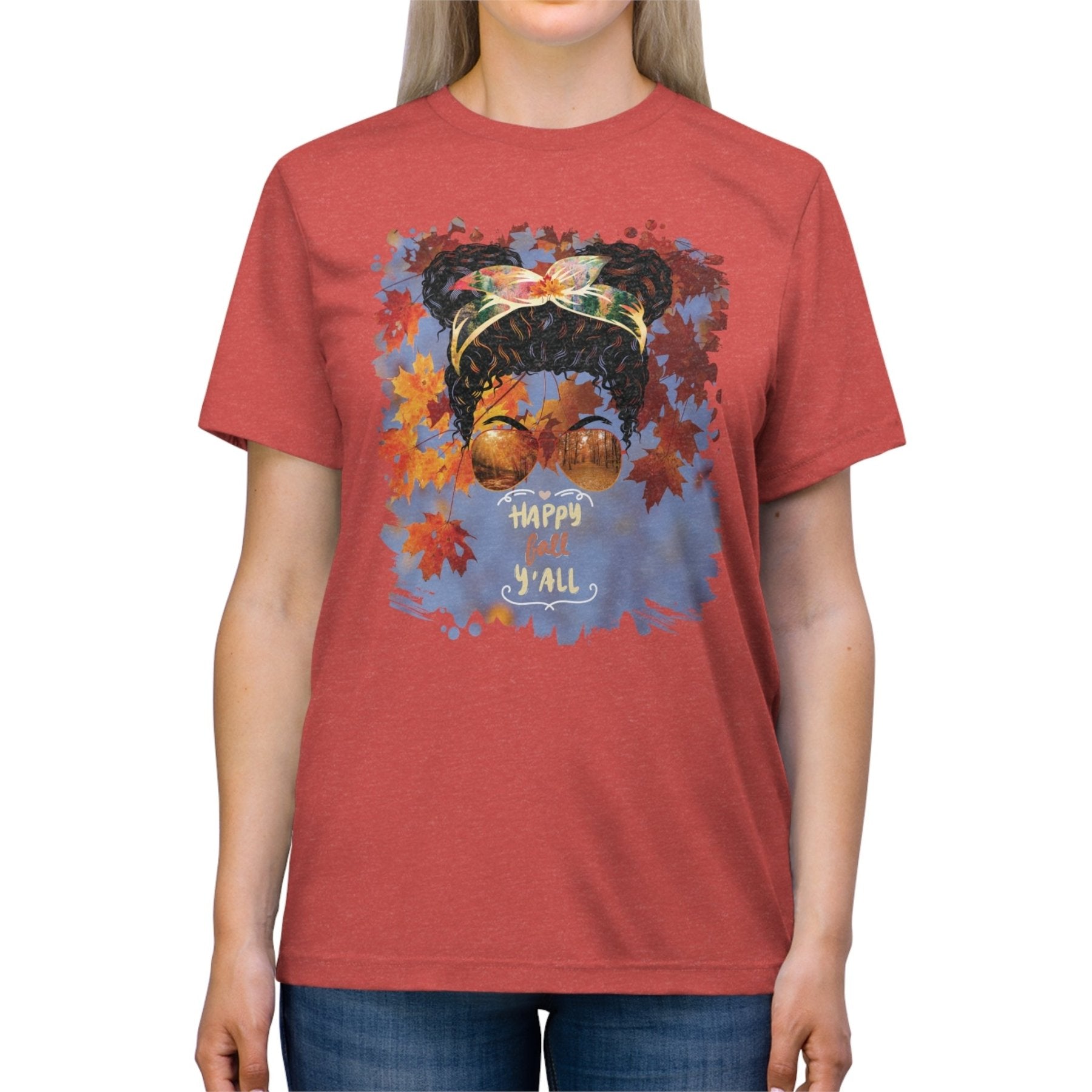 Happy Fall Y'all Fall Sky, Black Hair Messy Bun, Unisex Triblend T - Shirt - Janlyn's Crafts