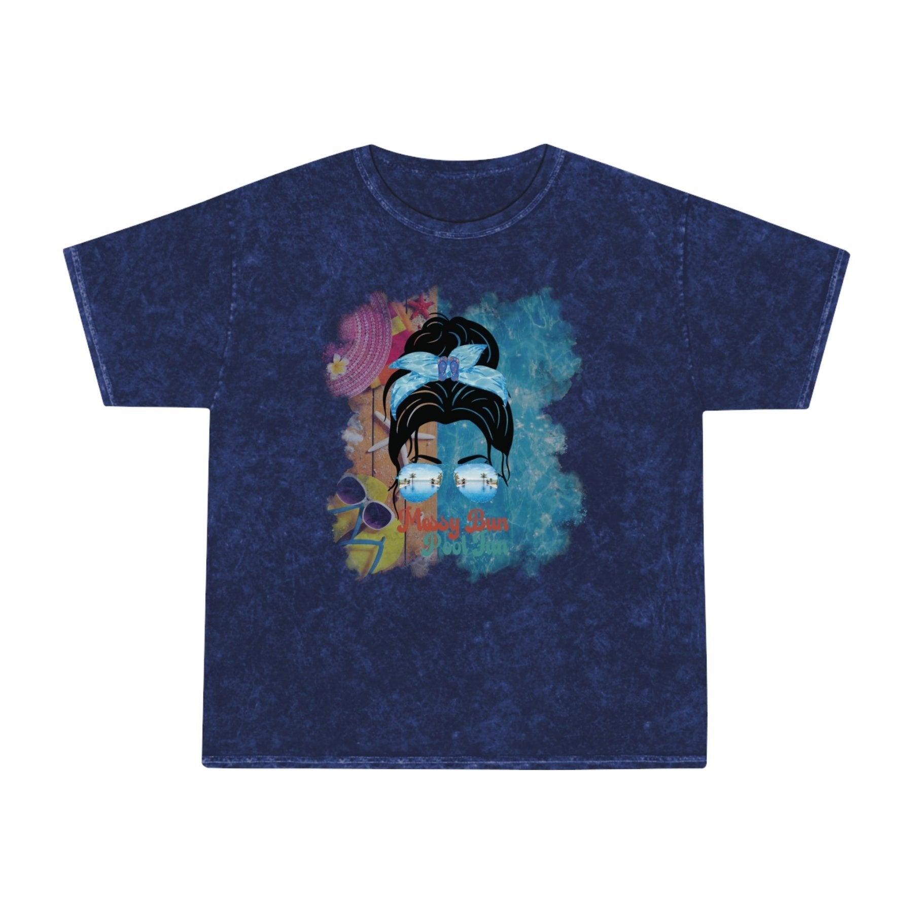Messy Bun Pool Fun, Black Hair Messy Bun, Pool Scene, Unisex Mineral Wash T - Shirt - Janlyn's Crafts
