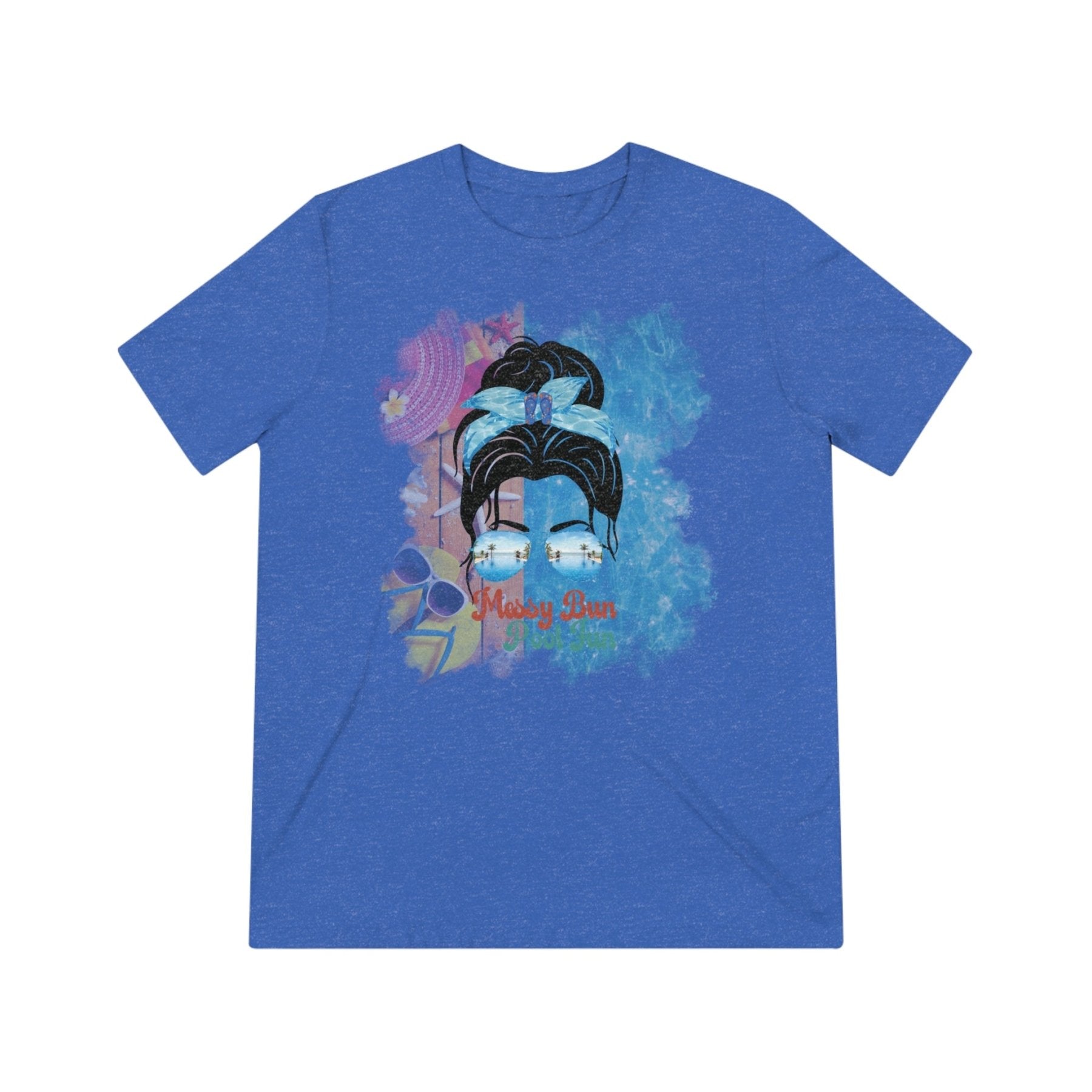 Messy Bun Pool Fun, Black Hair Messy Bun, Pool Scene, Unisex Triblend T - Shirt - Janlyn's Crafts